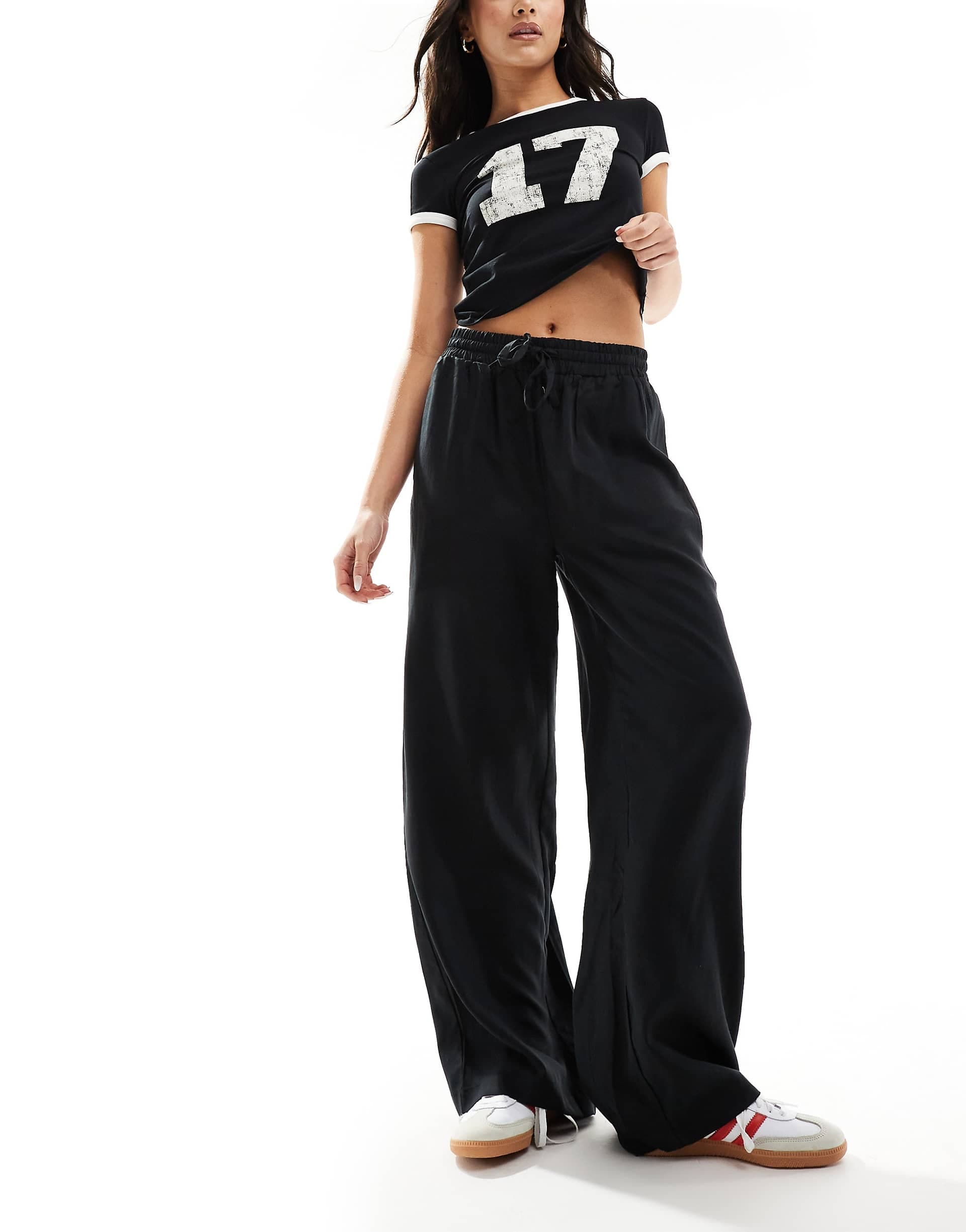 Object soft draw string waist wide leg pants in black