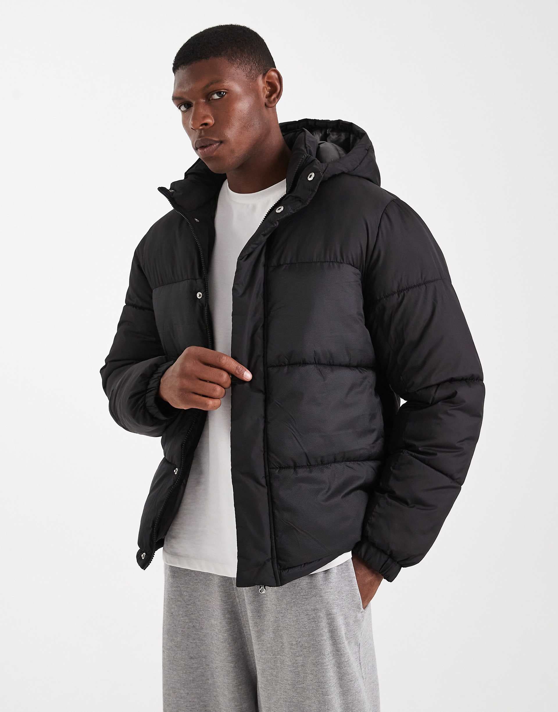 Jack & Jones hooded puffer jacket in black