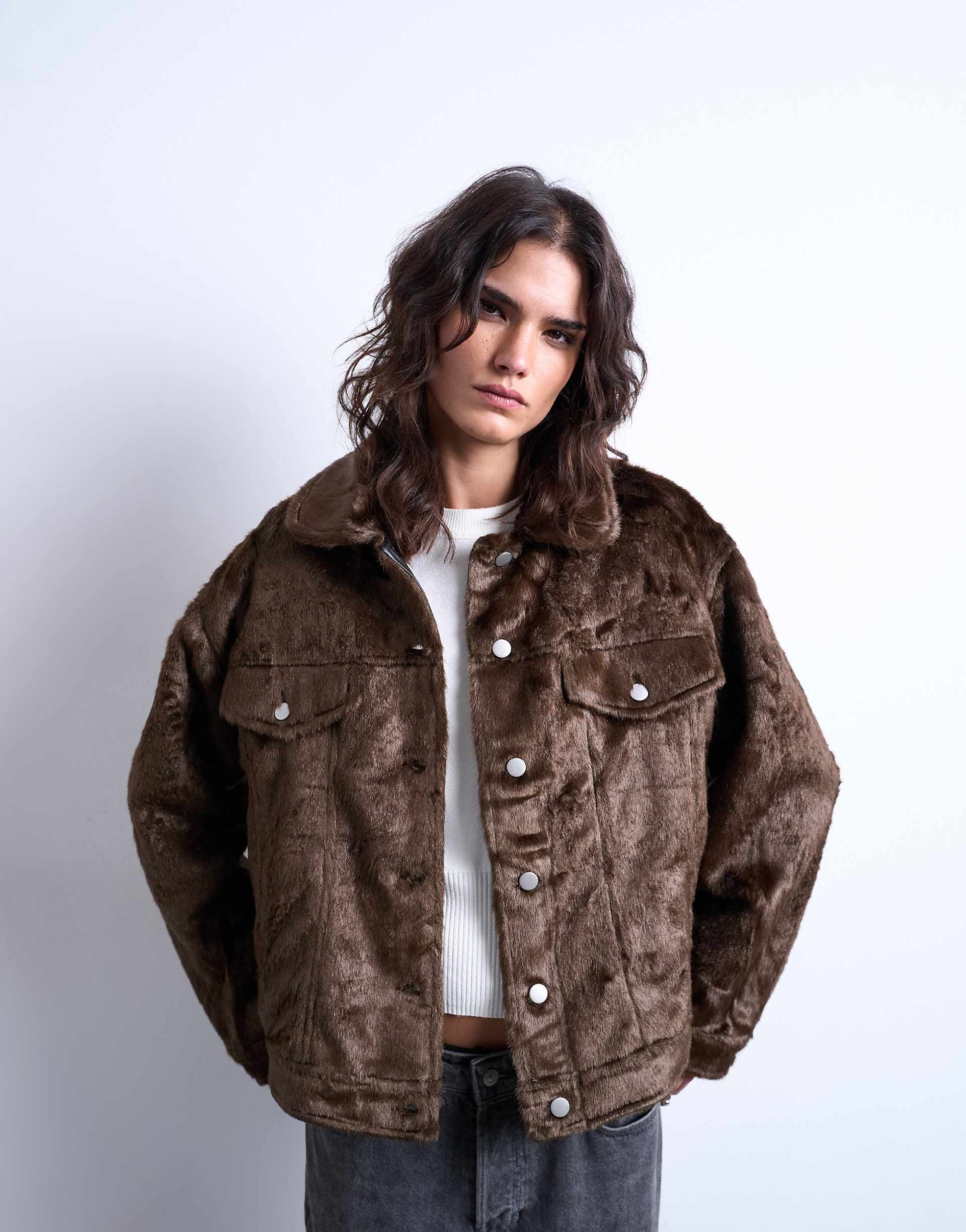 Topshop faux fur western trucker jacket in brown