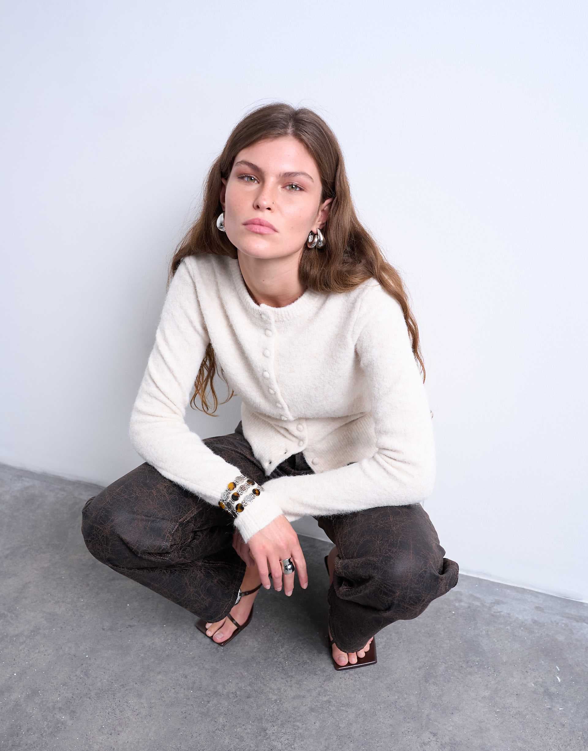 Topshop knit covered buttons cardigan in ivory