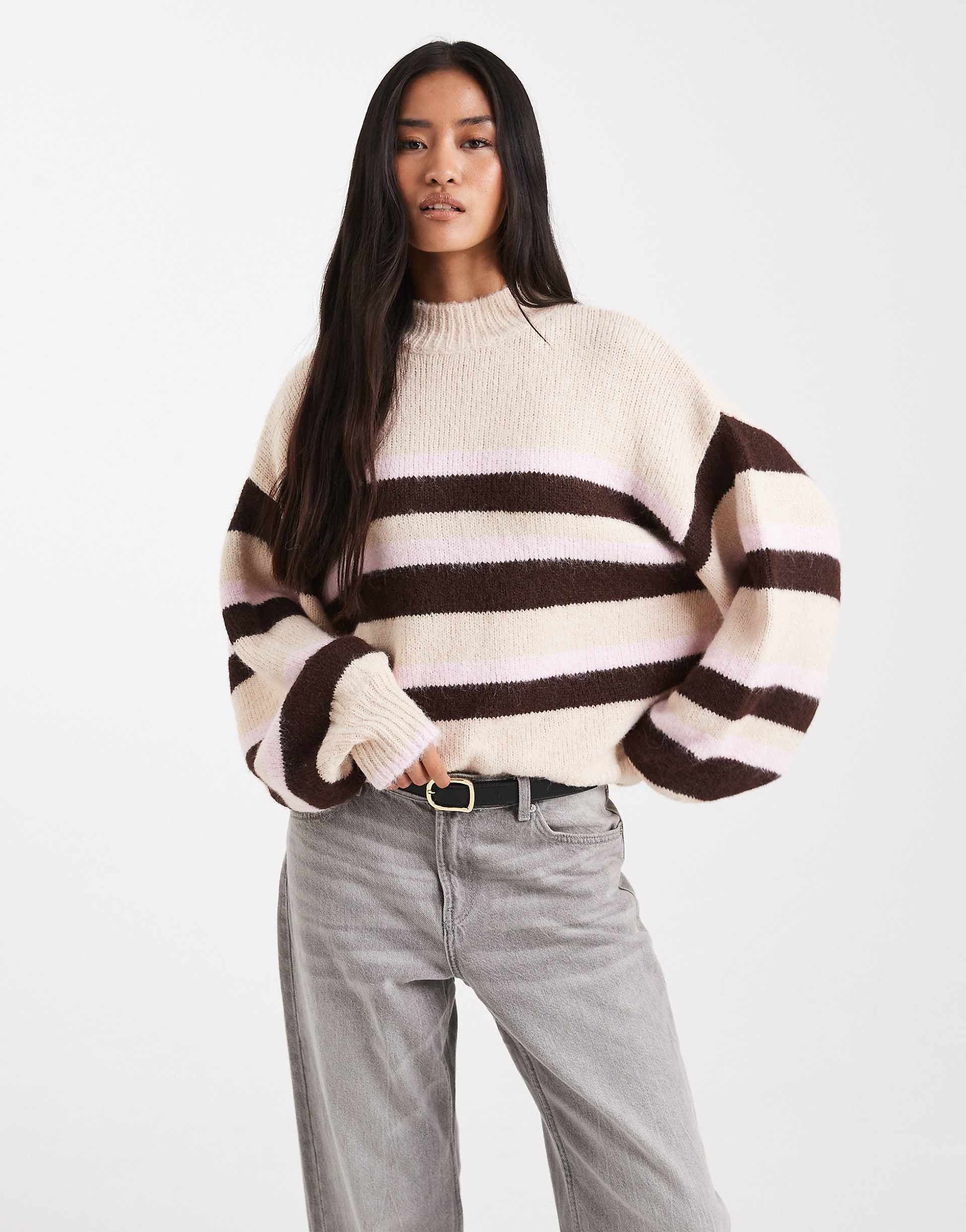 Miss Selfridge brushed fluffy sweater in pink and cream stripes