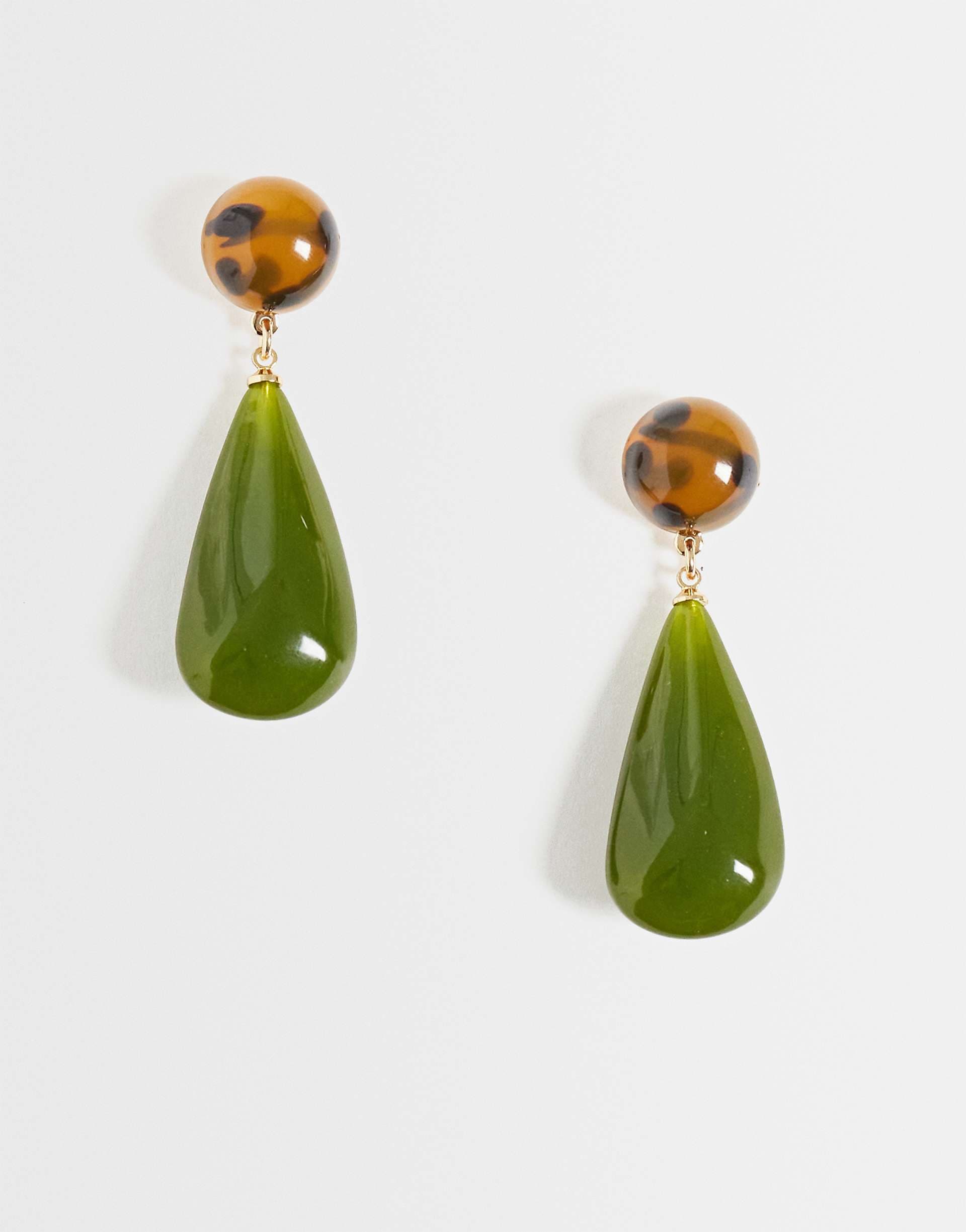 ASOS DESIGN sleek pendant earrings in tortoise shell and green resin