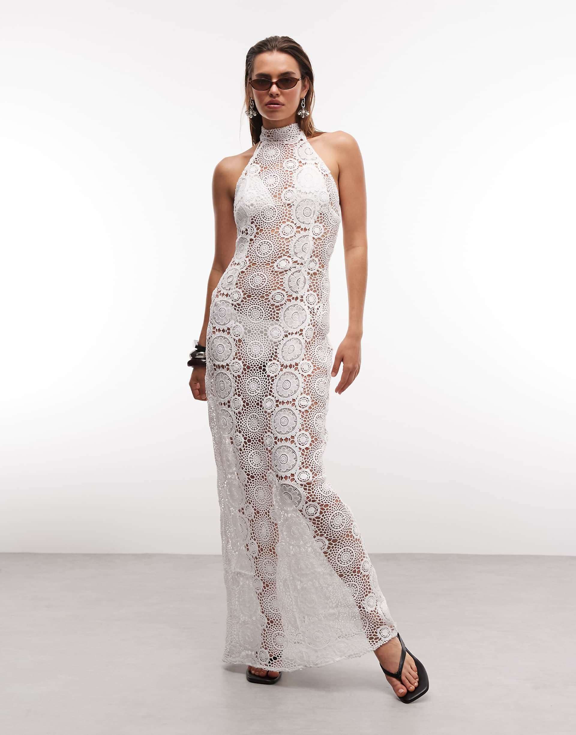 Noughts & Kisses sheer crochet halterneck sleeveless maxi dress in white