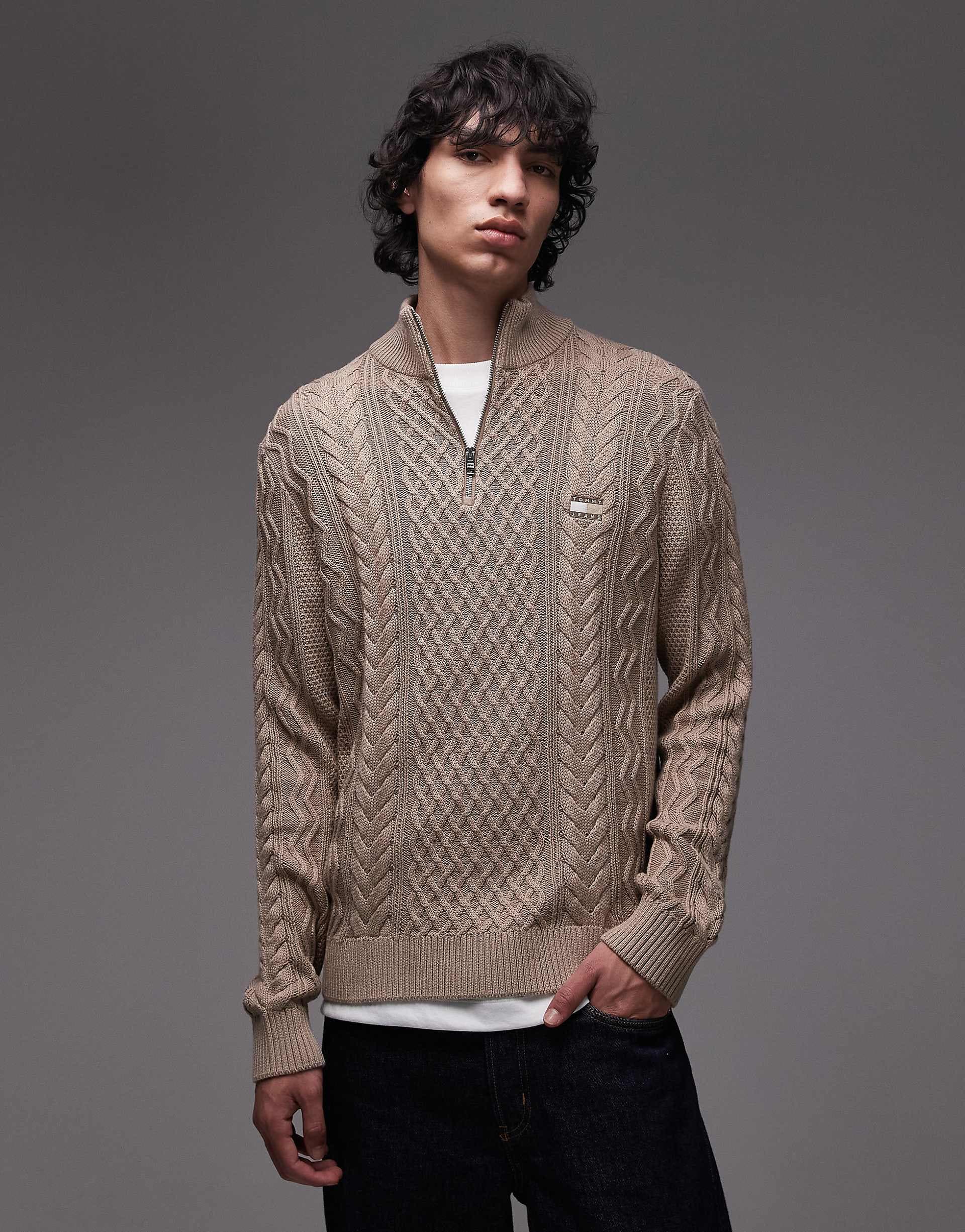 Tommy Jeans slim cable knit 1/4 zip sweater in taupe