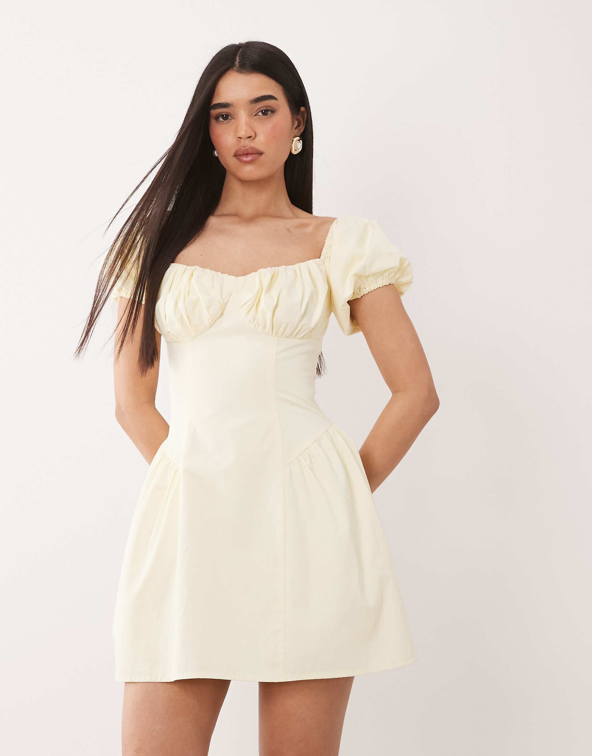 Kaiia exclusive cotton milkmaid puff sleeve hip pleat detail mini dress in lemon