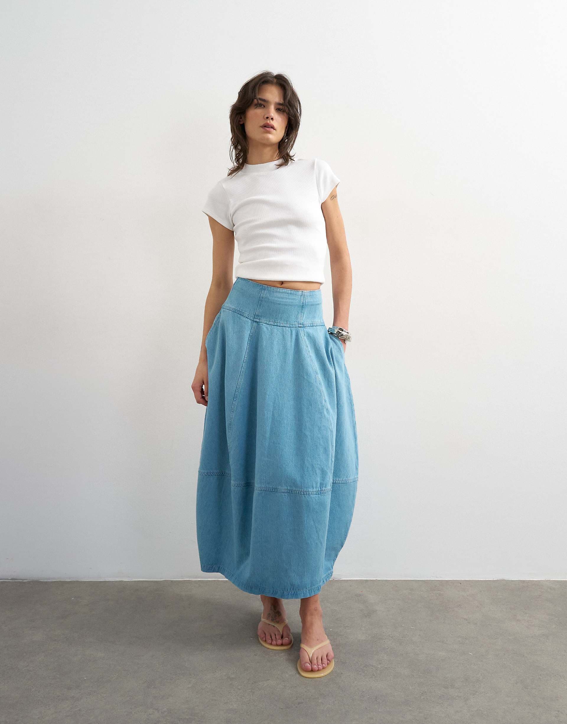 Topshop denim barrel seamed maxi skirt in bleach