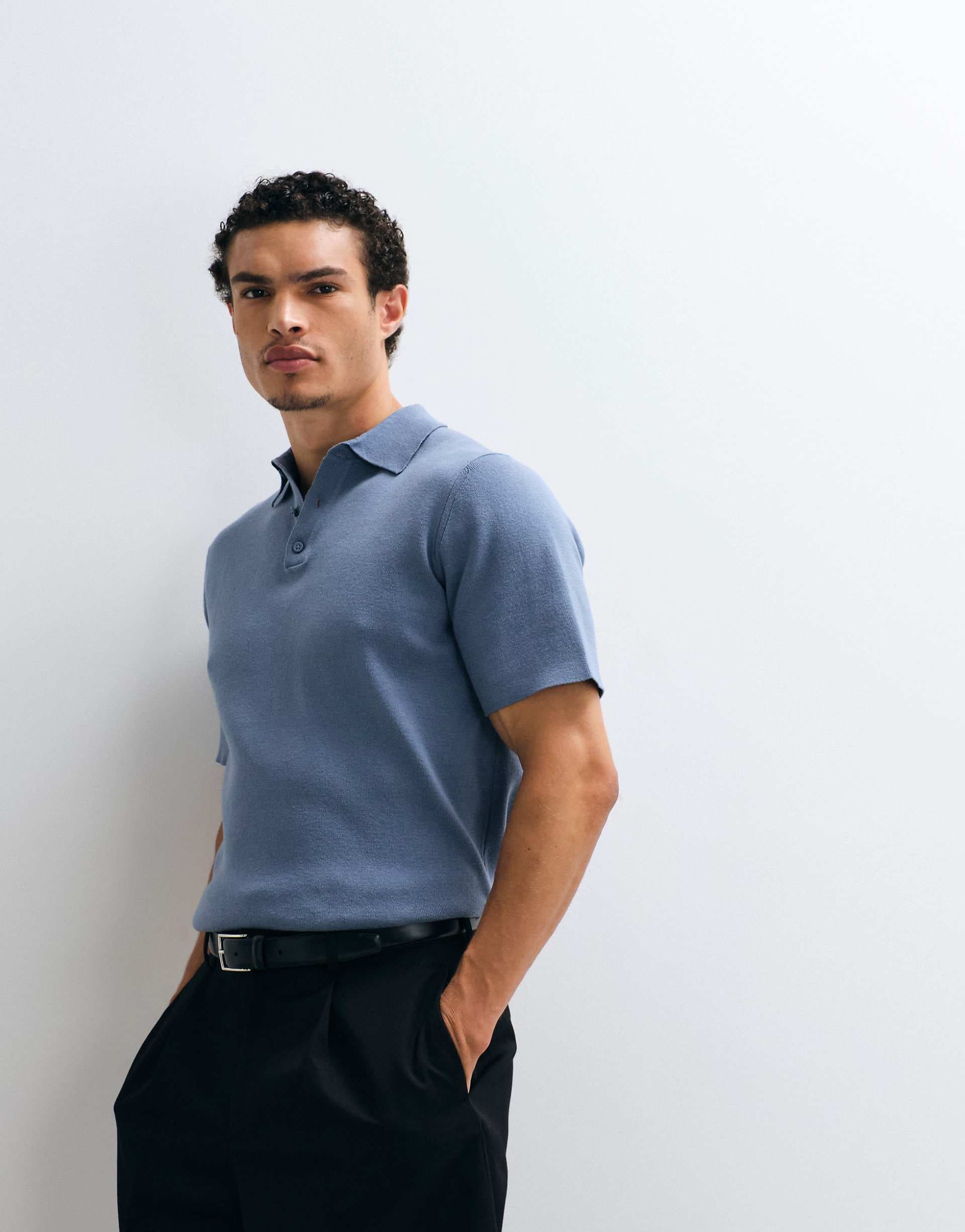 ASOS DESIGN Essential fine-rib knit polo in blue