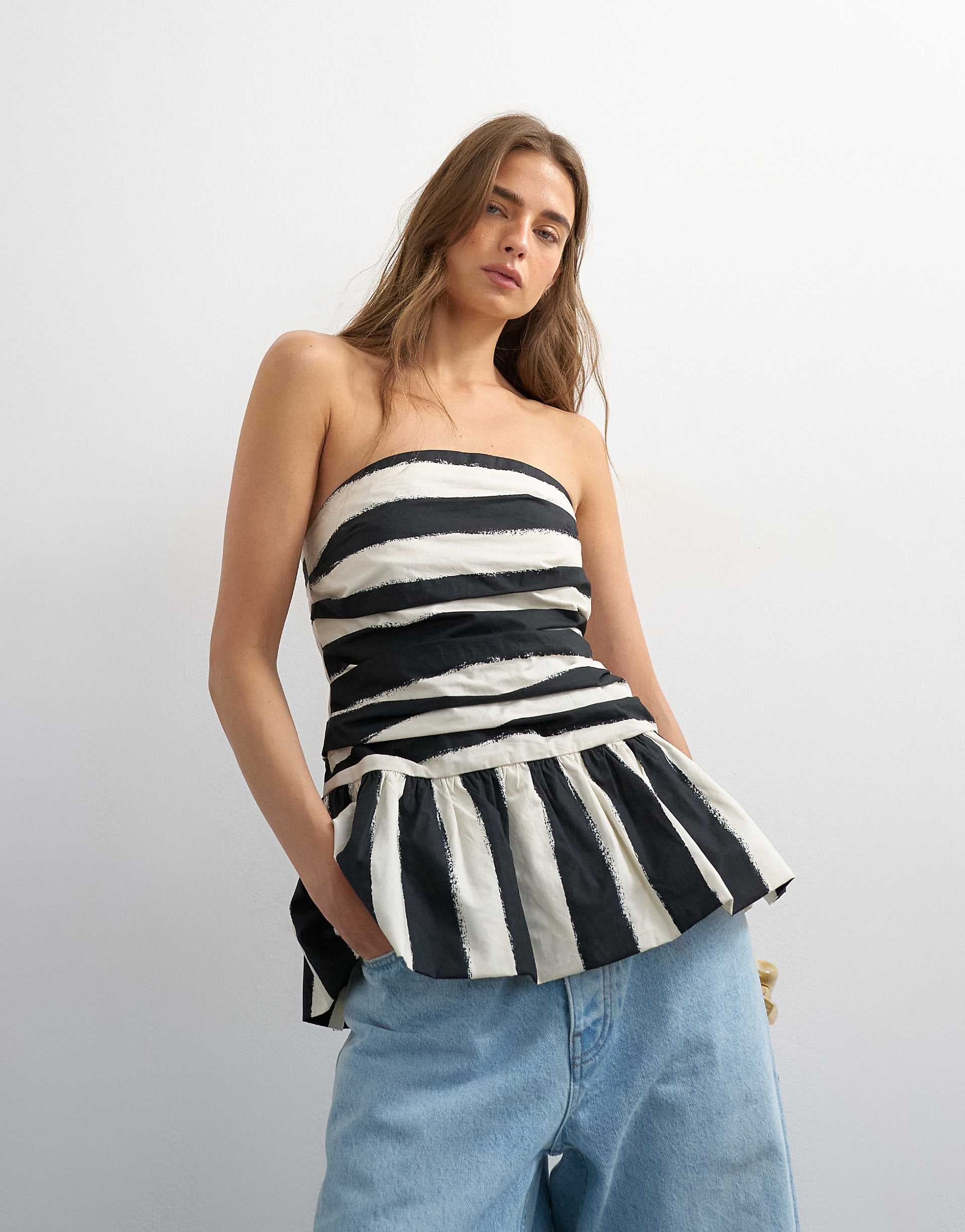 Topshop gathered bust bandeau top with peplum hem in black and white stripes