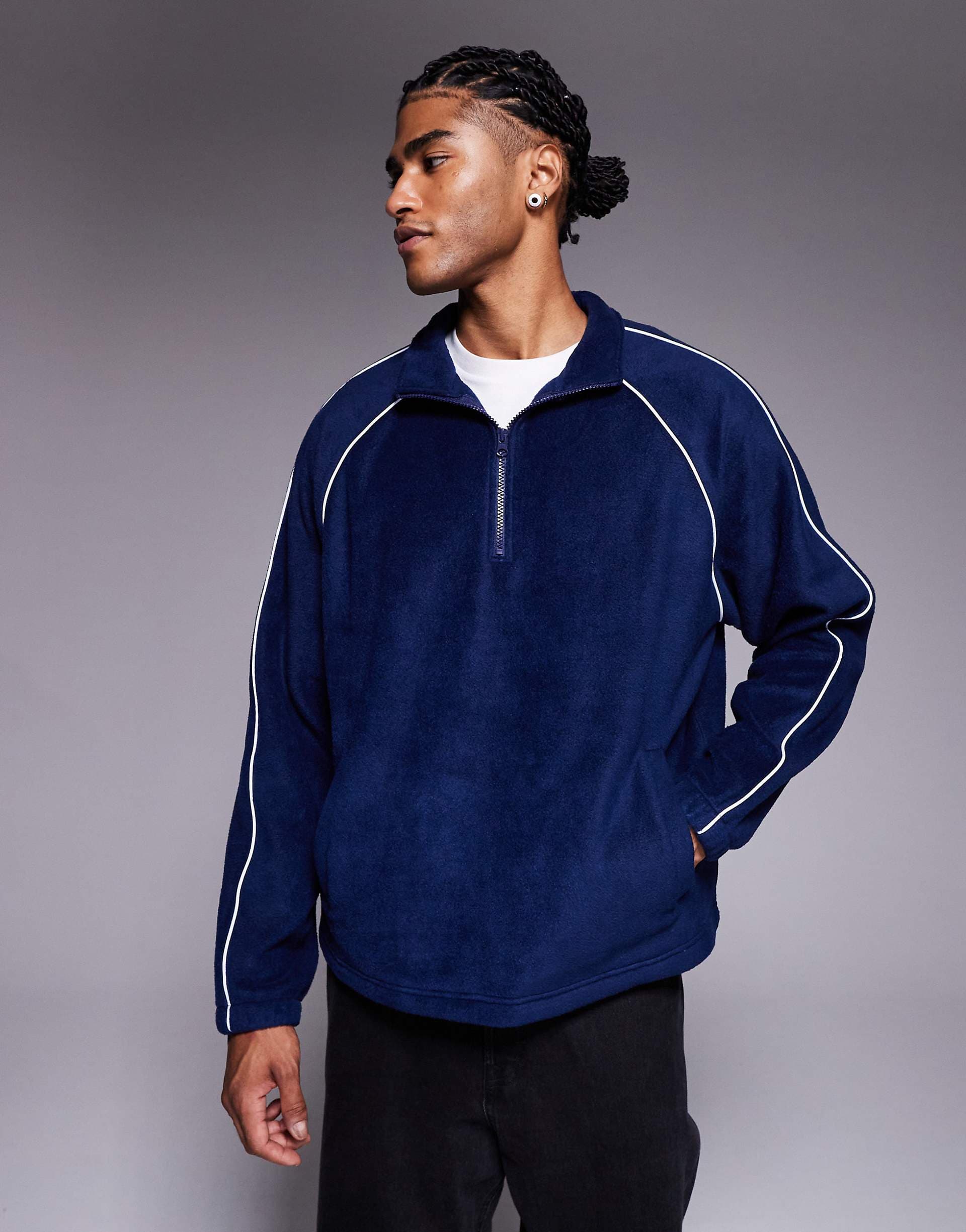ASOS DESIGN relaxed funnel neck fleece sweatshirt with piping in blue