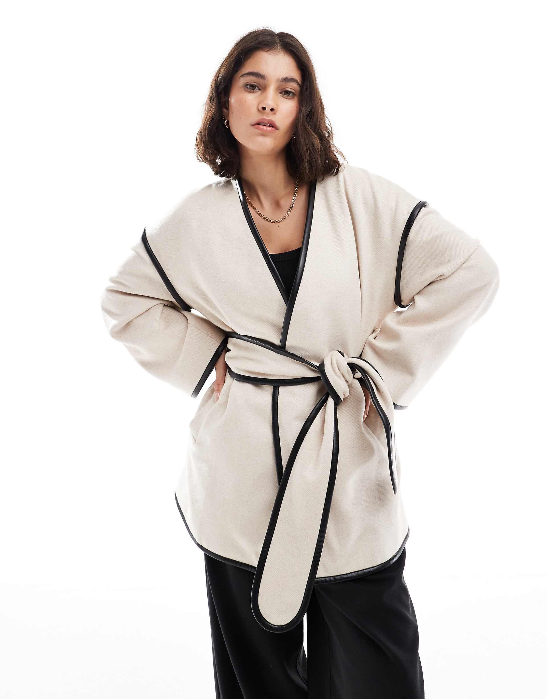 4th & Reckless wool blend contrast edge belted jacket in cream