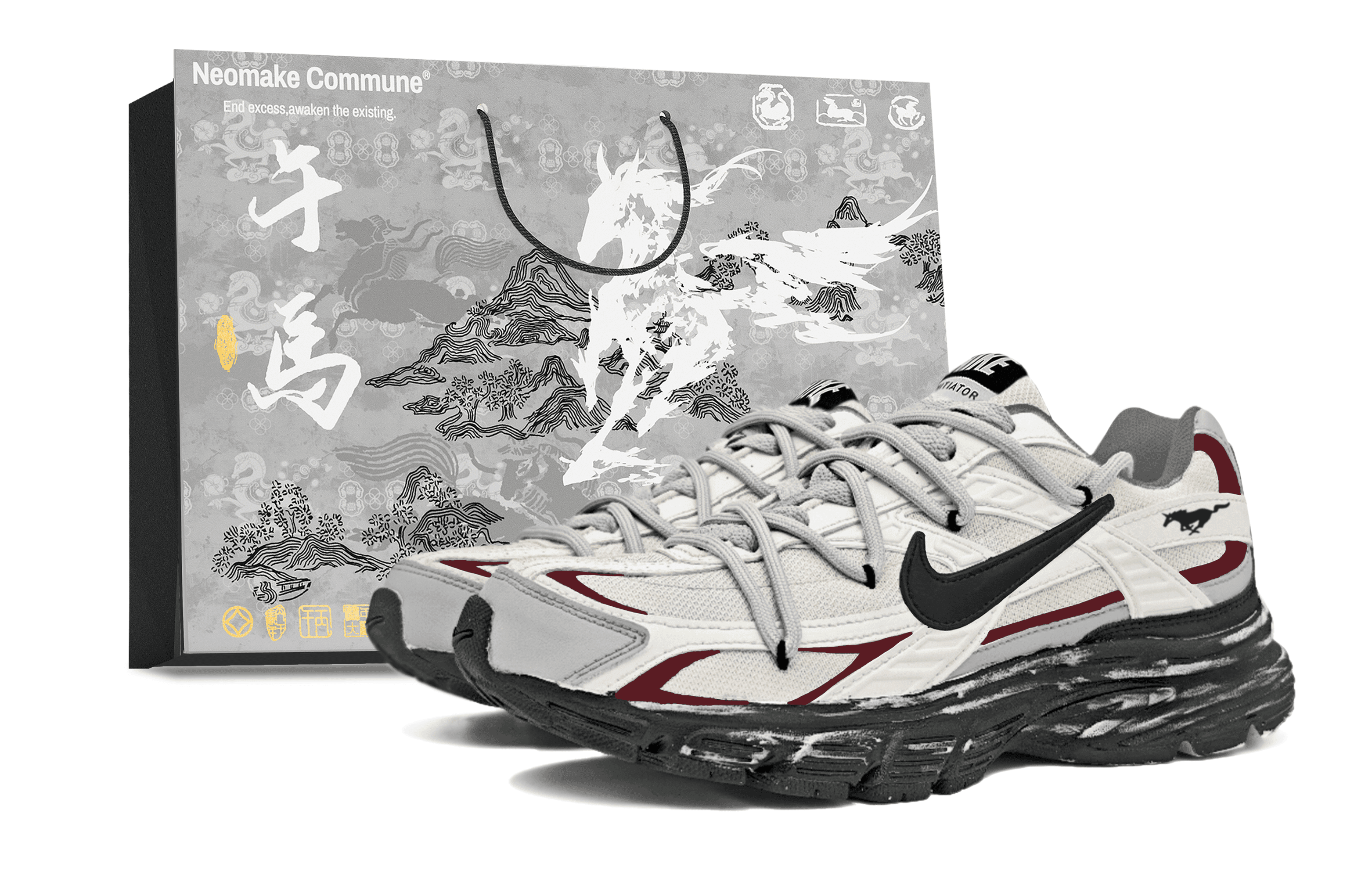 Custom Sneakers Nike Initiator CNY Horse Year Gift Bag Unisex Low-Top Running Shoes Red/White/Black