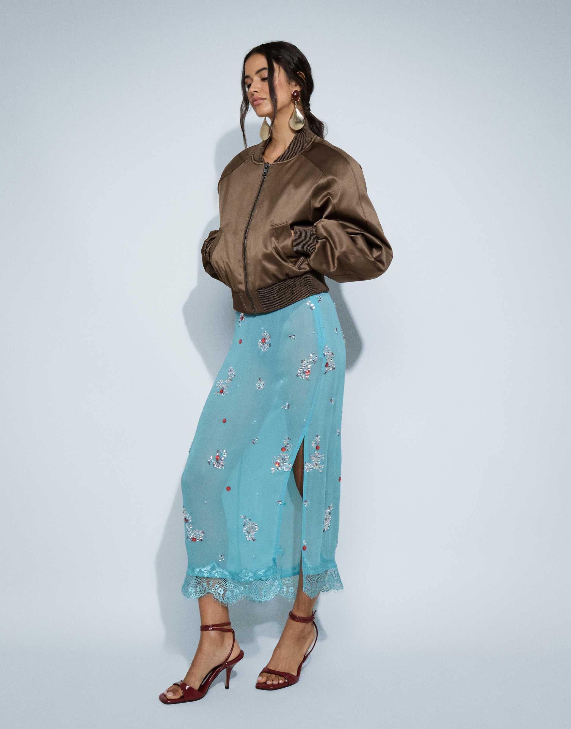 ASOS DESIGN embellished midaxi skirt with lace trim in turquoise