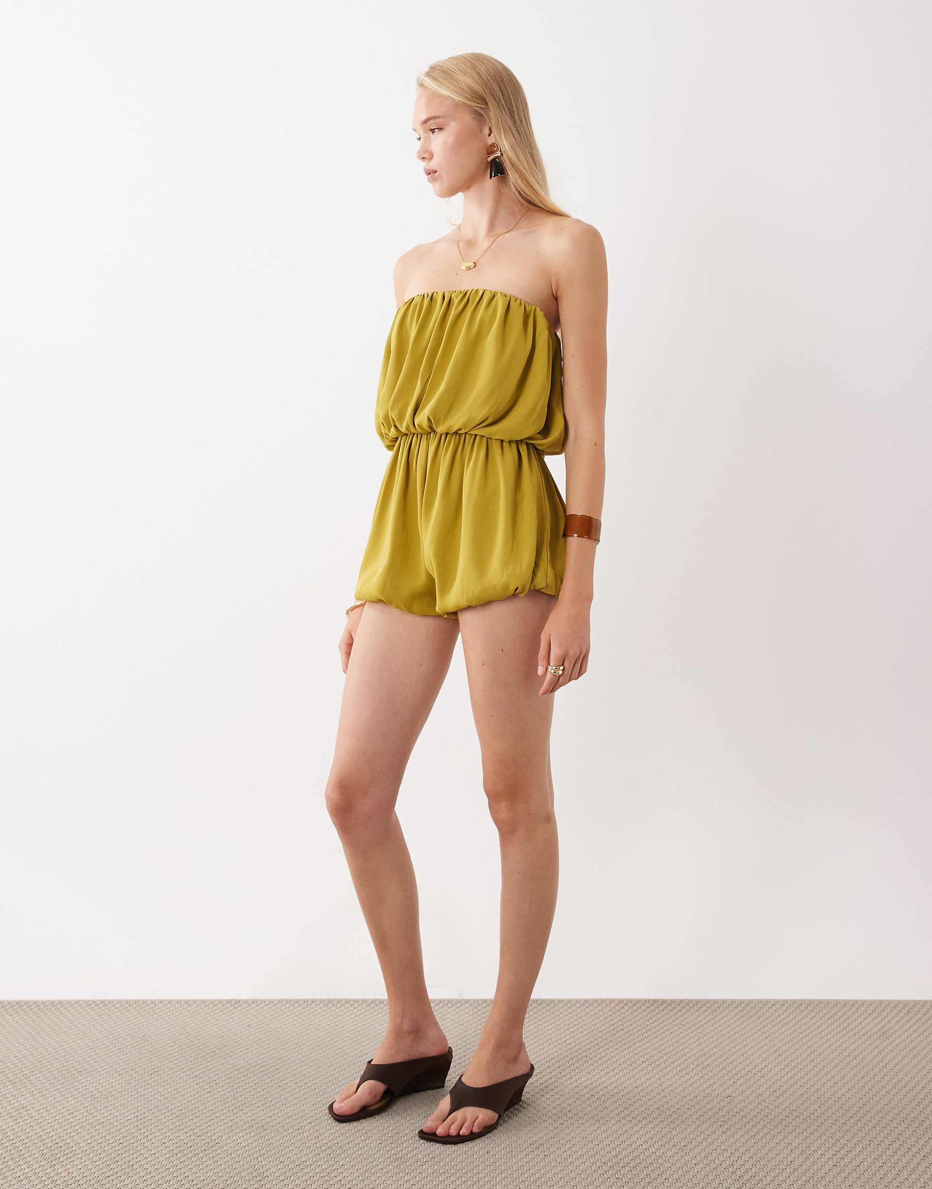 ASOS DESIGN satin bubble romper in olive green