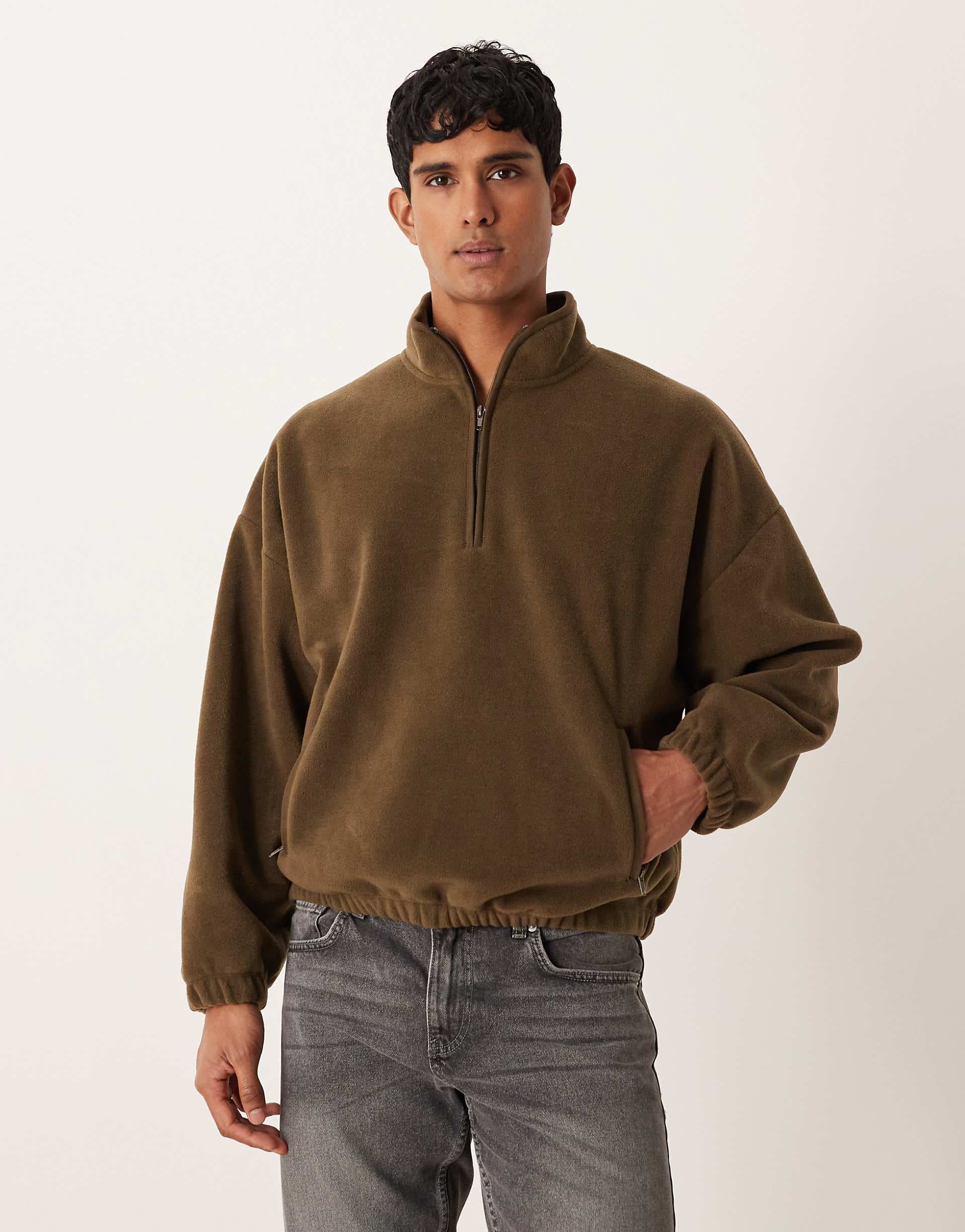 ASOS DESIGN relaxed drop shoulder quarter zip sweatshirt in khaki