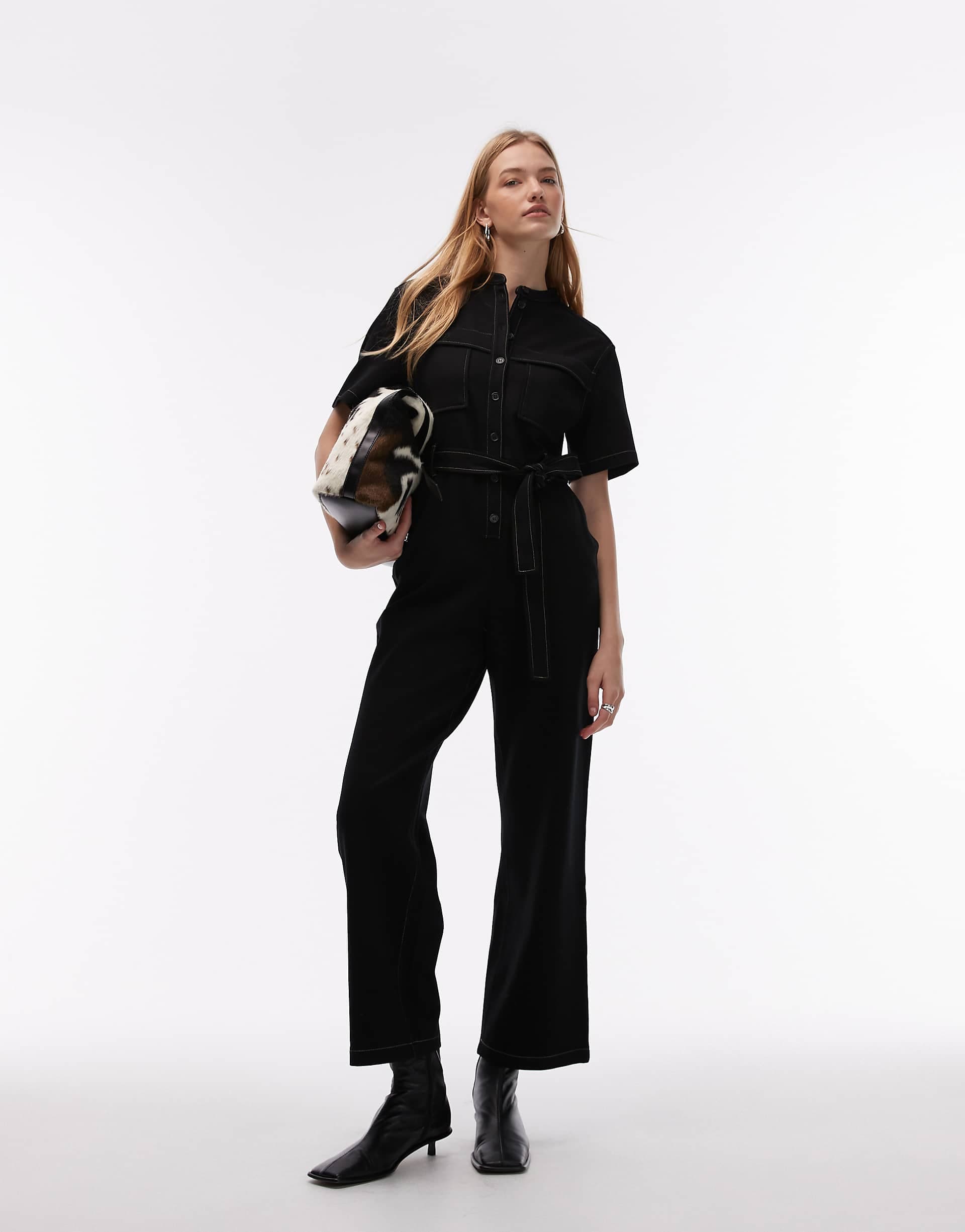 & Other Stories wide leg stretch jumpsuit with tie waist and utility pockets in black