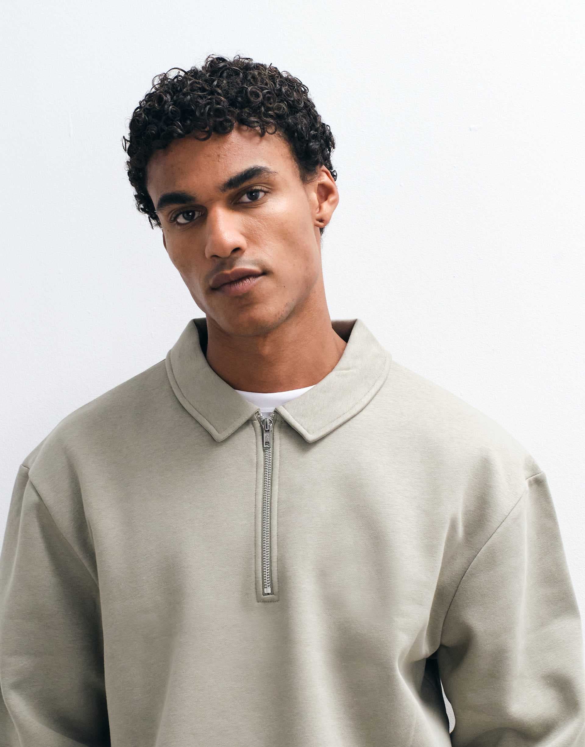 ASOS DESIGN boxy relaxed quarter zip sweatshirt with collar in sage
