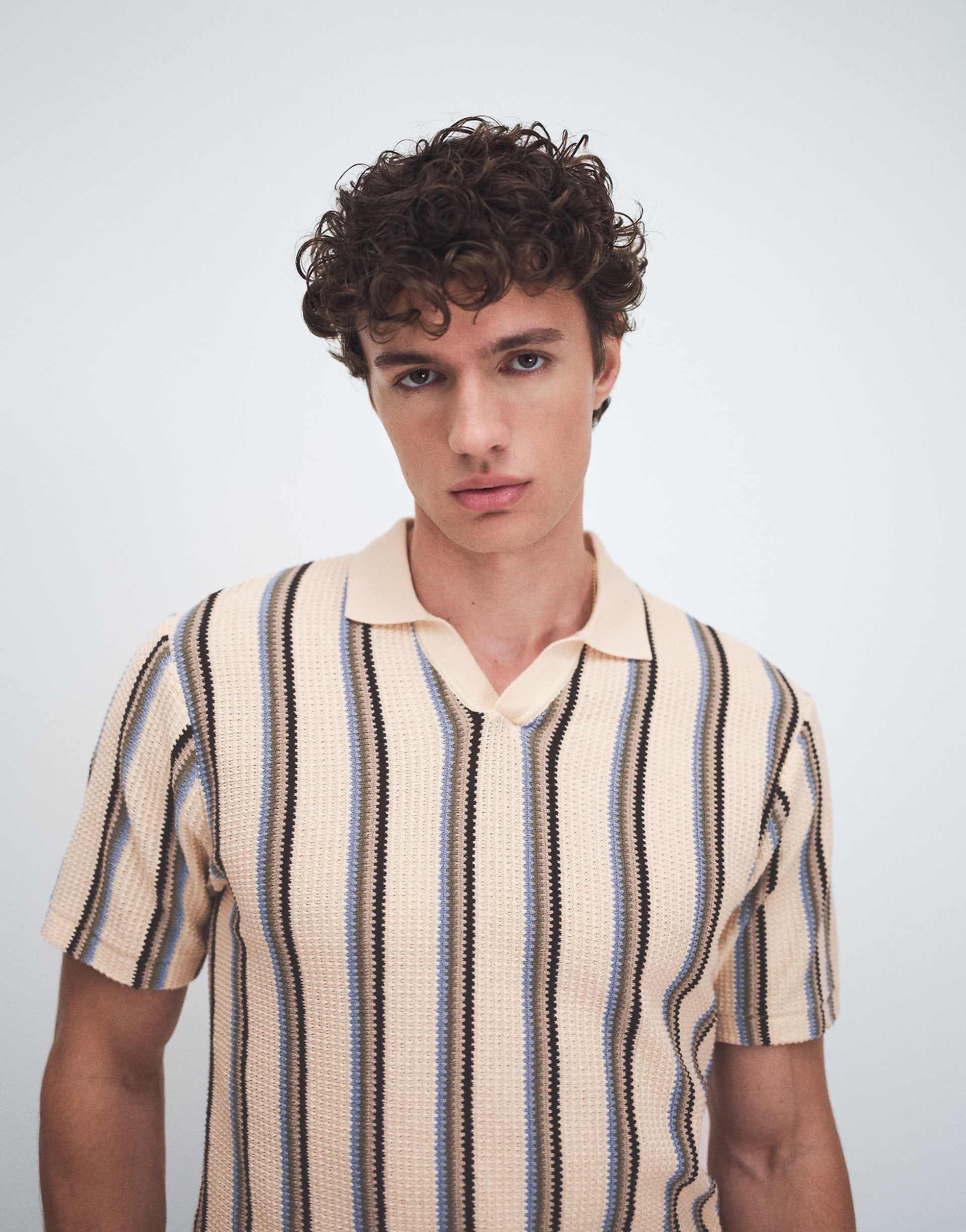 BLEND 100% cotton regular fit knit open collar polo in bleached sand stripe