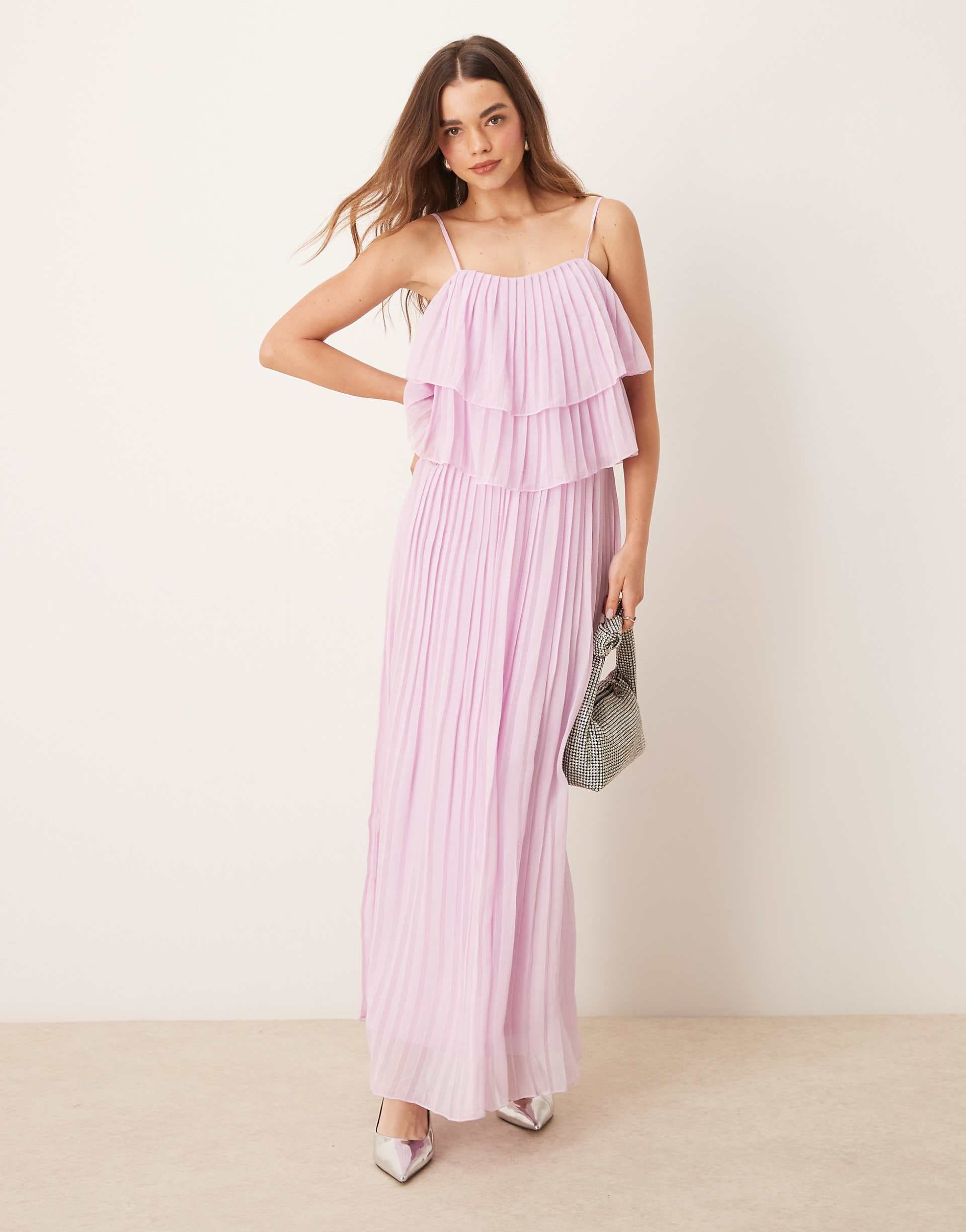 VILA pleated ruffle layer cami maxi dress in orchid pink