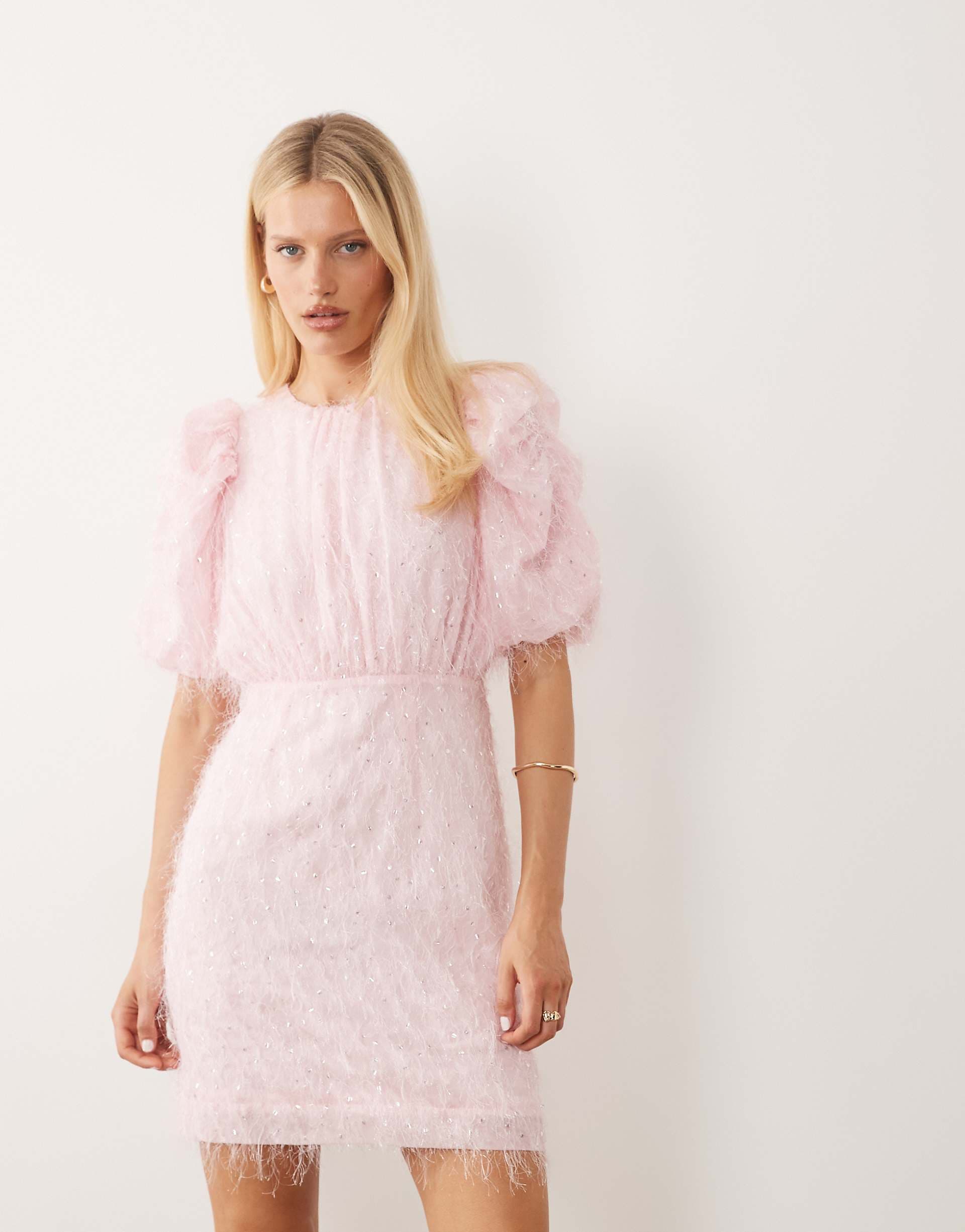 YAS puff sleeve sequin mini dress in ballerina pink