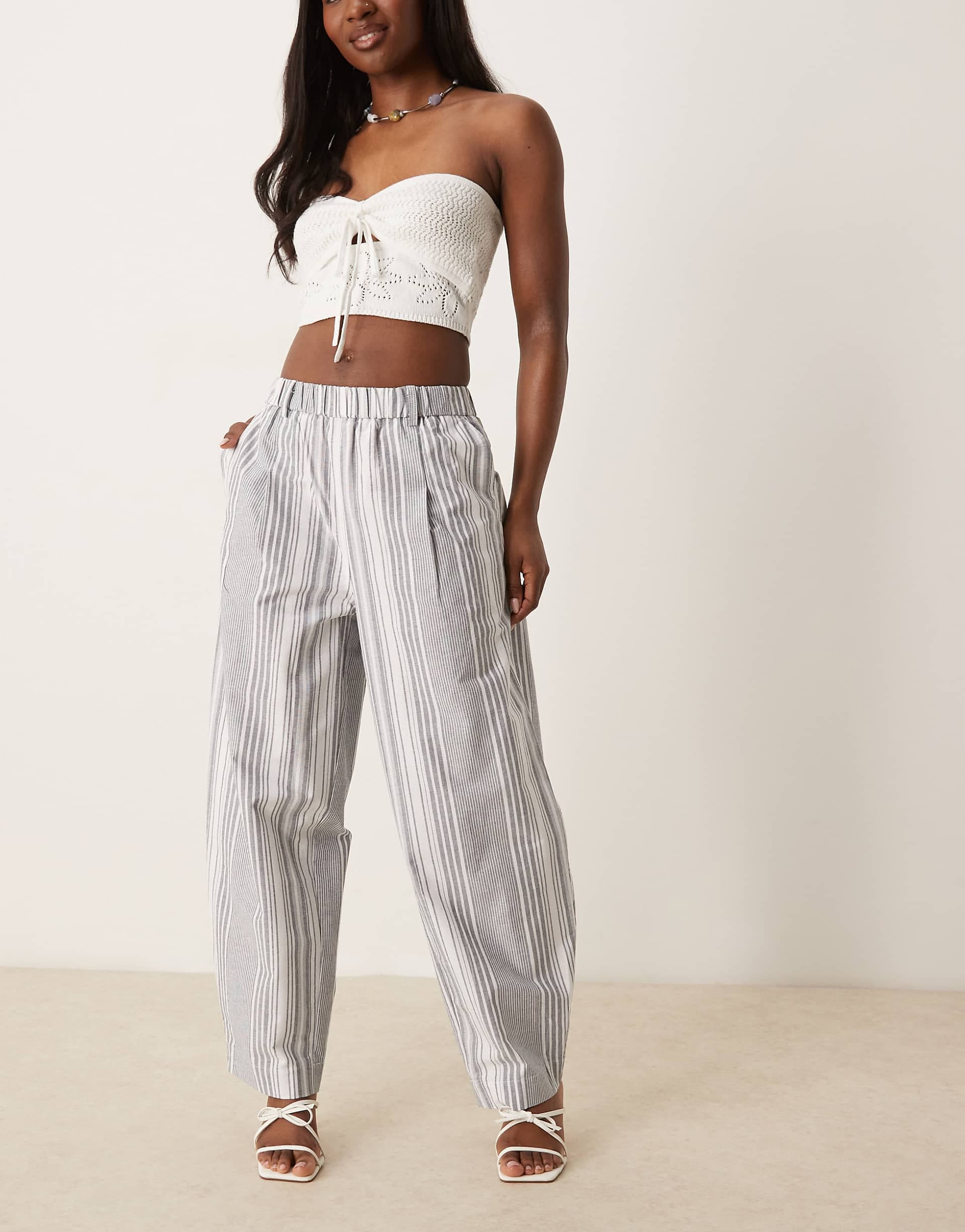 ASOS DESIGN linen look barrel pants in black stripe