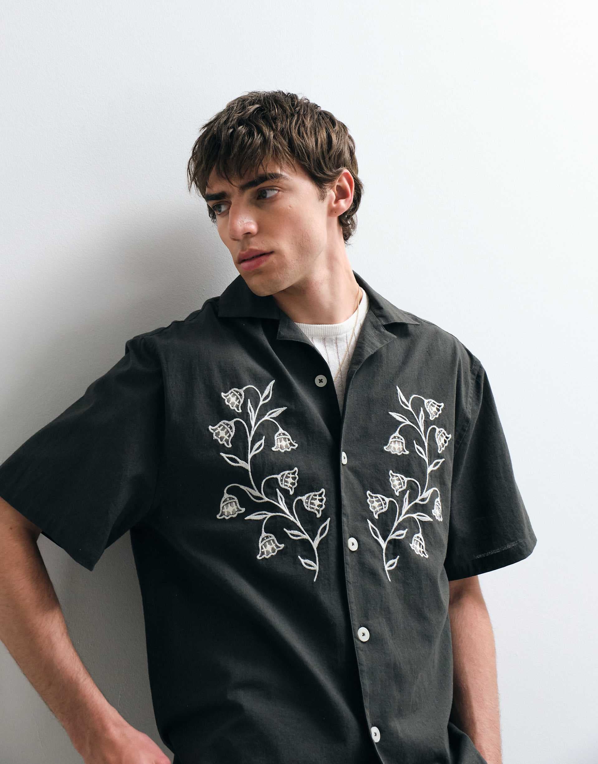 ASOS COLLECTIVE relaxed cotton embroidered shirt with linen in dark green