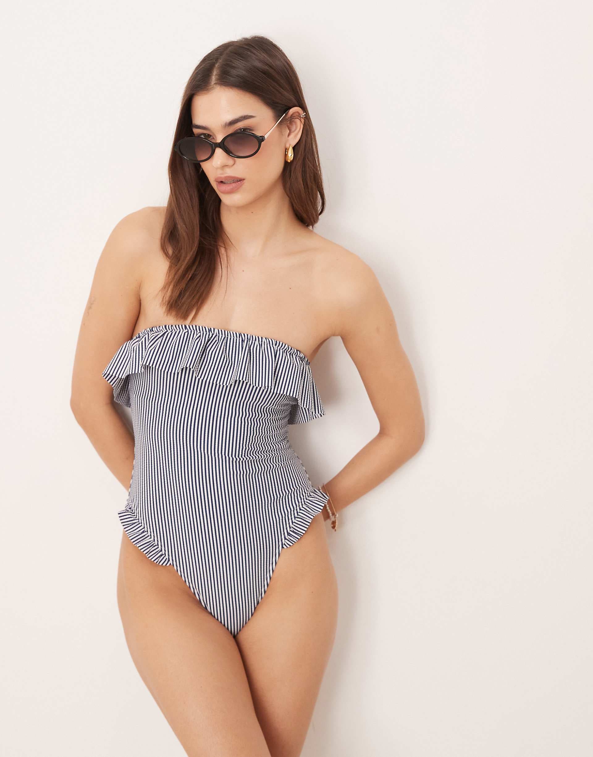 ASOS DESIGN Scarlet stripe bandeau ruffle swimsuit in indigo