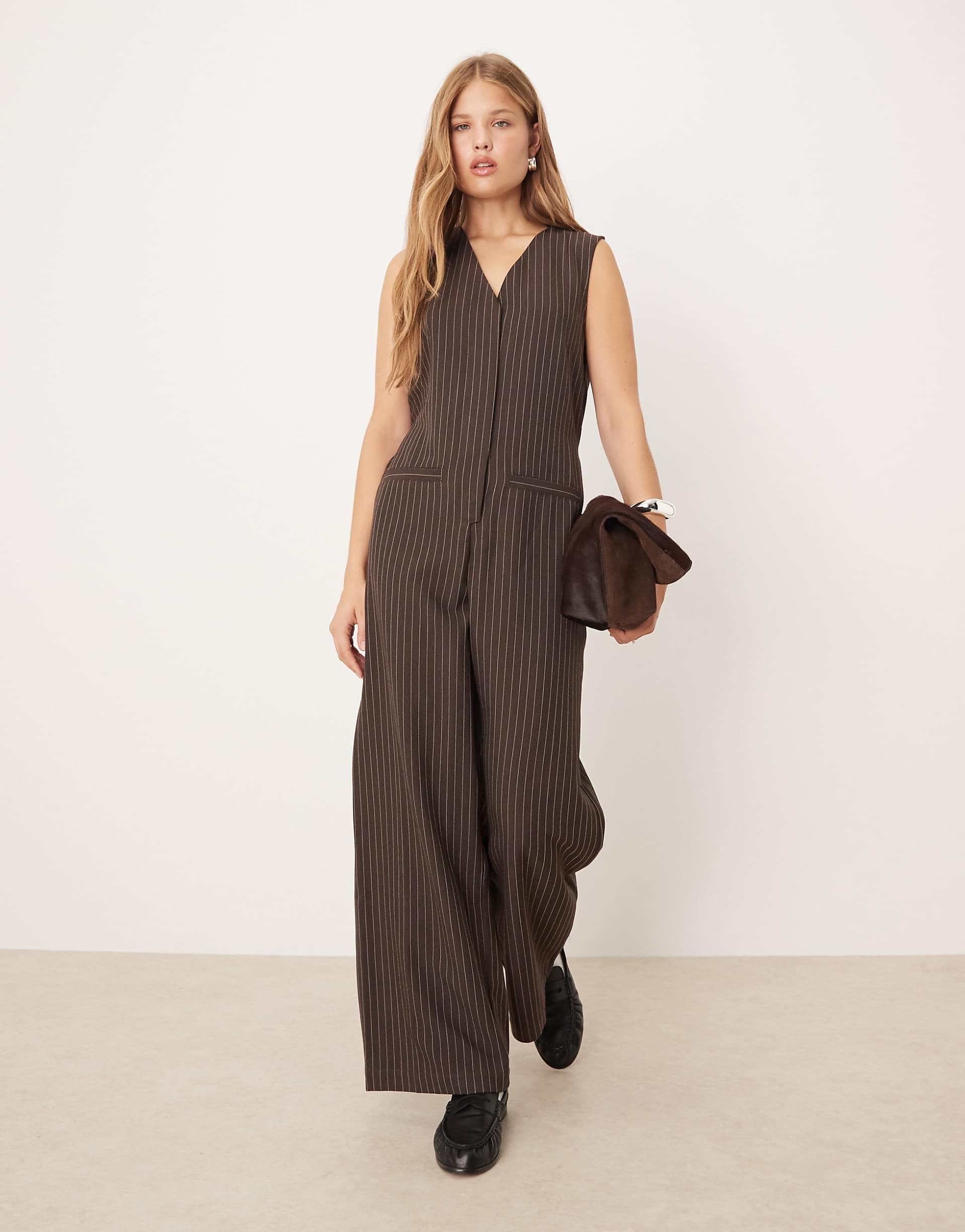 ASOS DESIGN v-neck jumpsuit in chocolate pinstripes