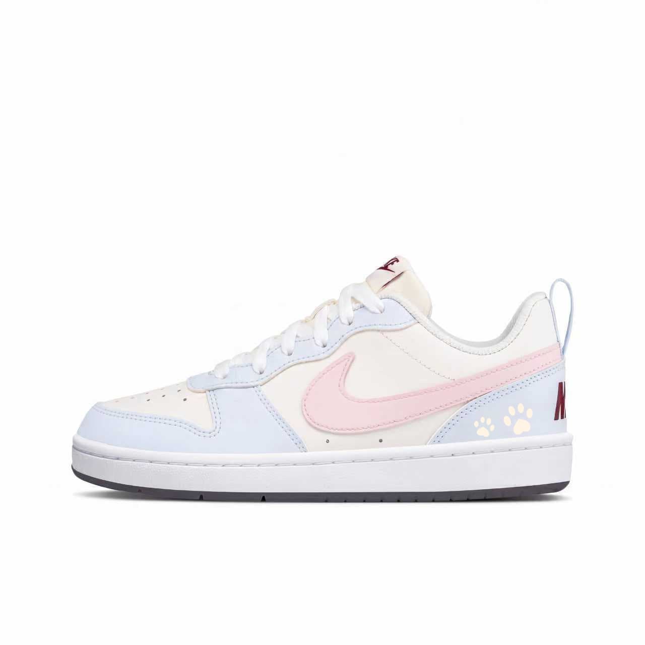 Custom SneakersNike Court Borough GS Cat Paw Girl's Style Sweet Campus Girlfriend Atmosphere Versatile Daily College Wear Abrasion-Resistant Breathable Low-Top Skate Shoes Unisex Blue Pink
