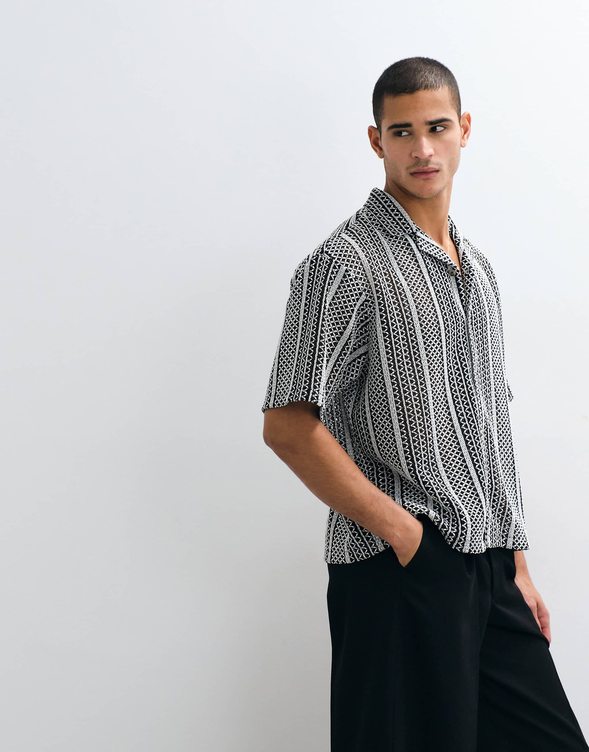 ASOS DESIGN boxy oversized camp collar crochet shirt in black