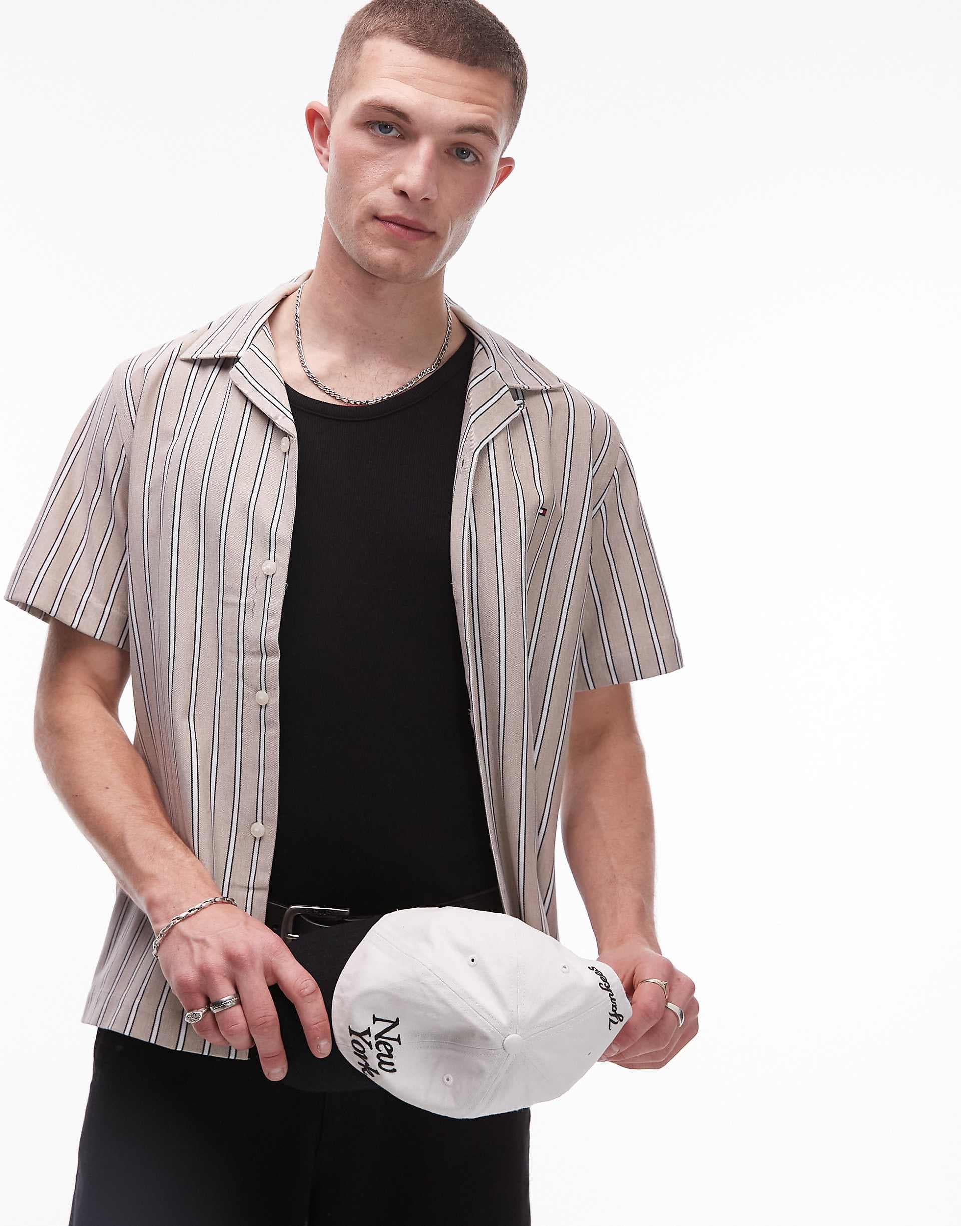 Tommy Hilfiger knit striped short sleeve shirt in beige