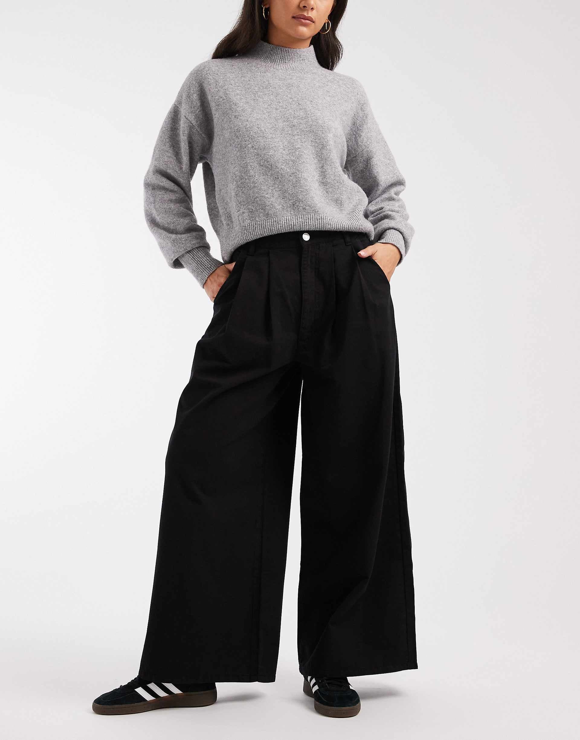 ASOS DESIGN paper touch cotton wide leg pleated pants in black
