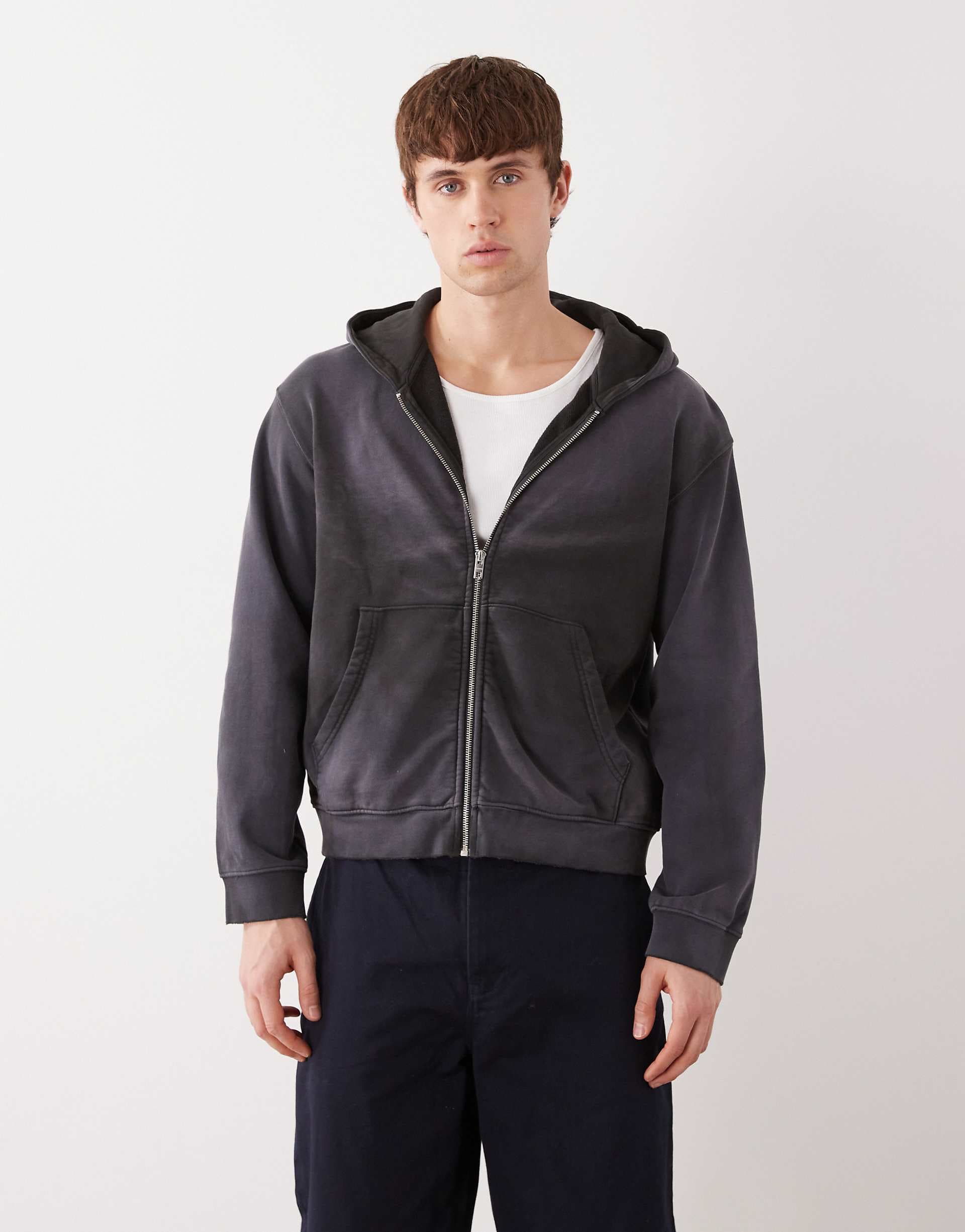Weekday shrunken zip up hoodie in washed black