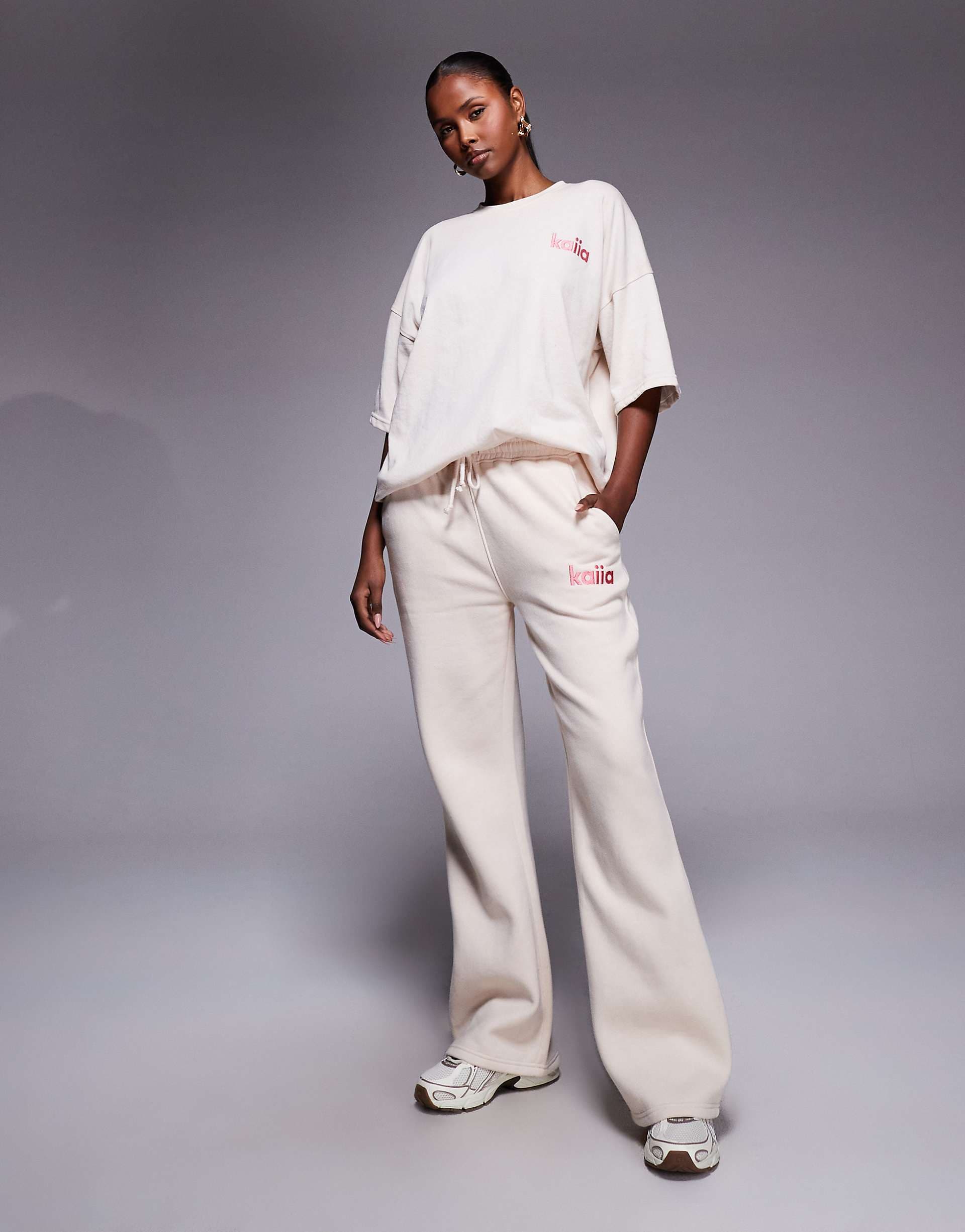 Kaiia embroidered logo detail wide leg sweatpants in cream - part of a set