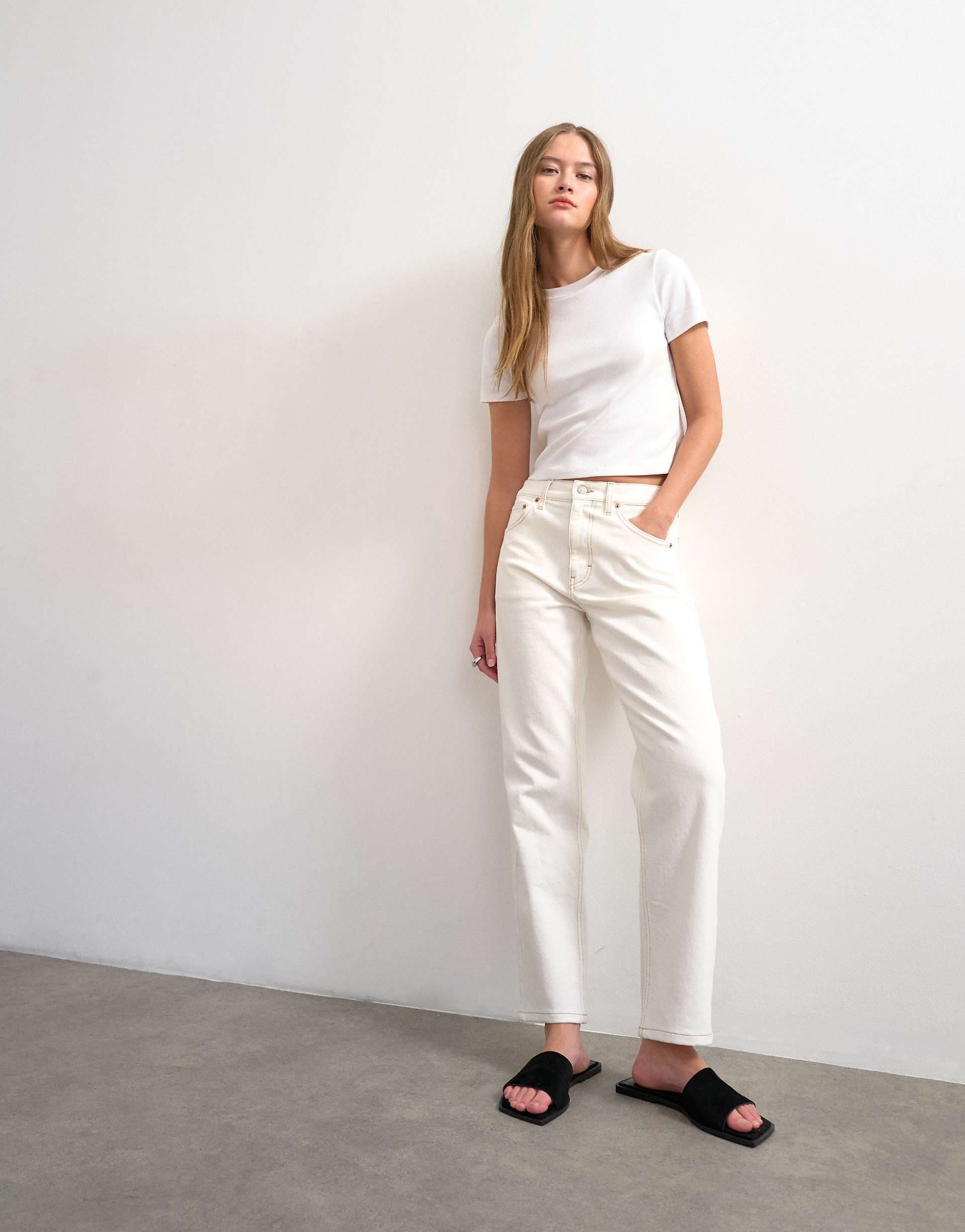 Topshop Orson mid rise comfort straight leg jeans in bone