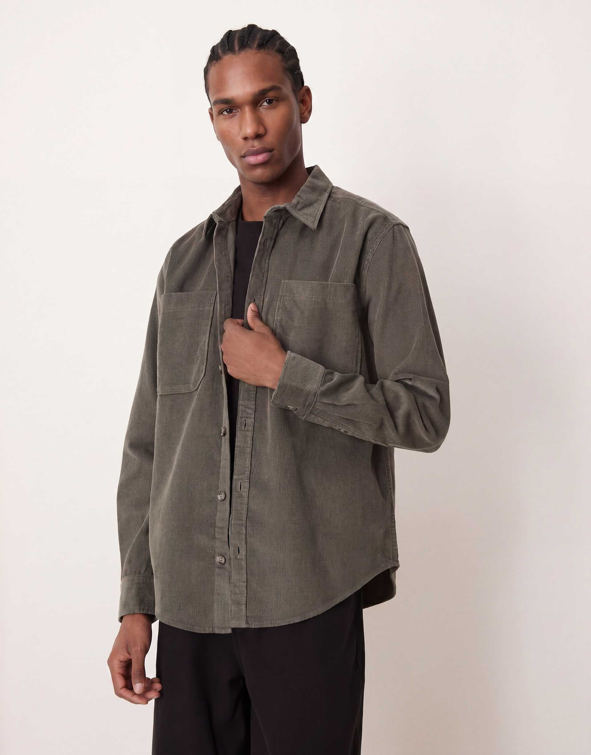 ONLY & SONS cord overshirt in dark sage