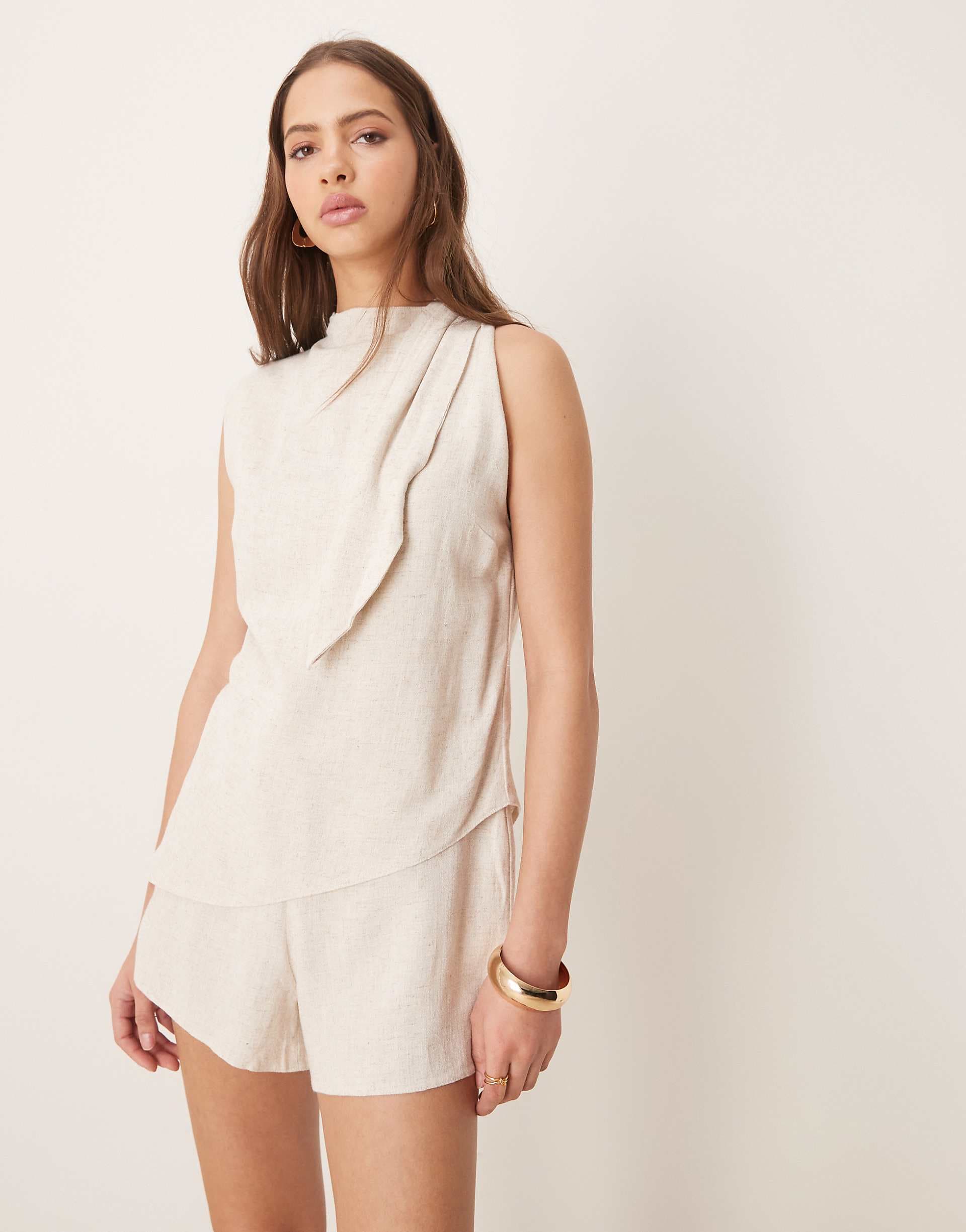 ASOS DESIGN linen mix double layer neck tie detail romper in oat