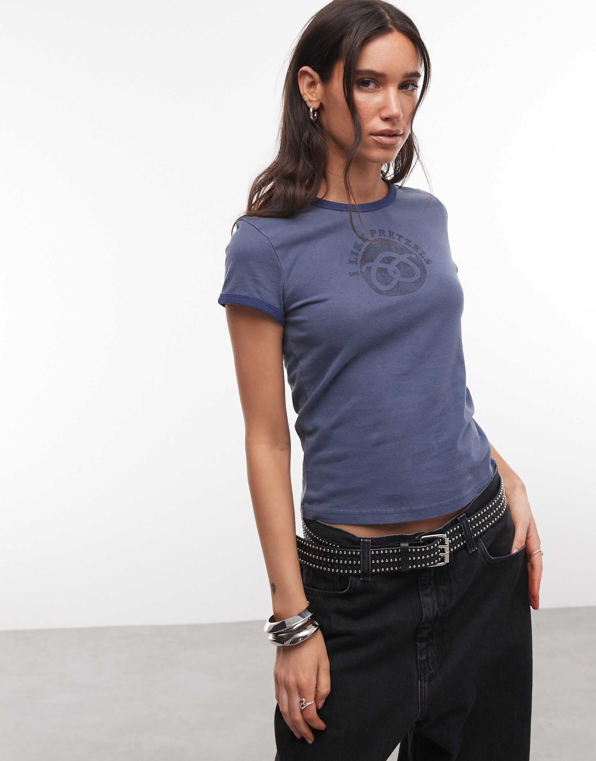 Weekday fitted ringer t-shirt with pretzels graphic print in dark blue
