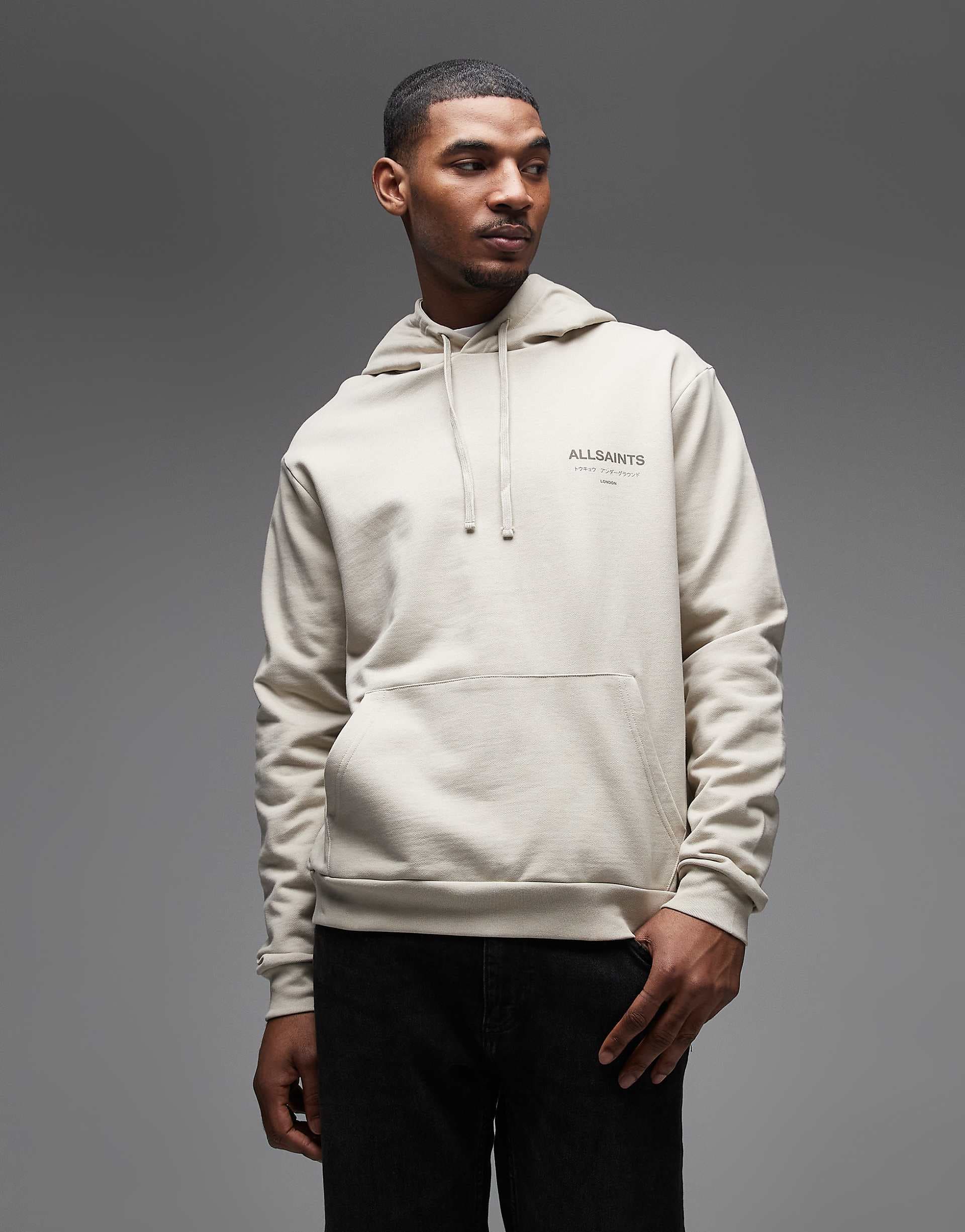 AllSaints Underground logo hoodie with back print in sand