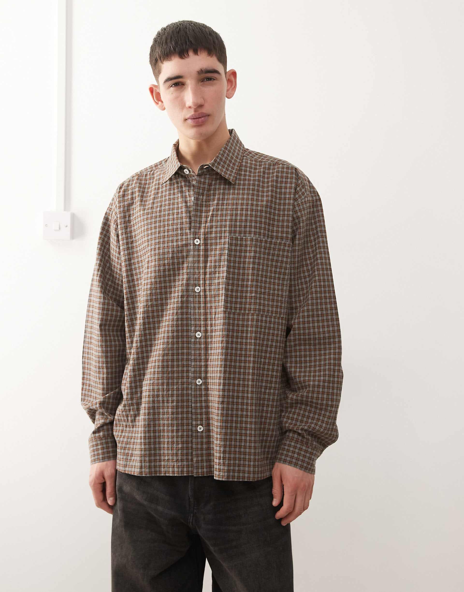 COLLUSION long sleeve oversized skater shirt in gray plaid