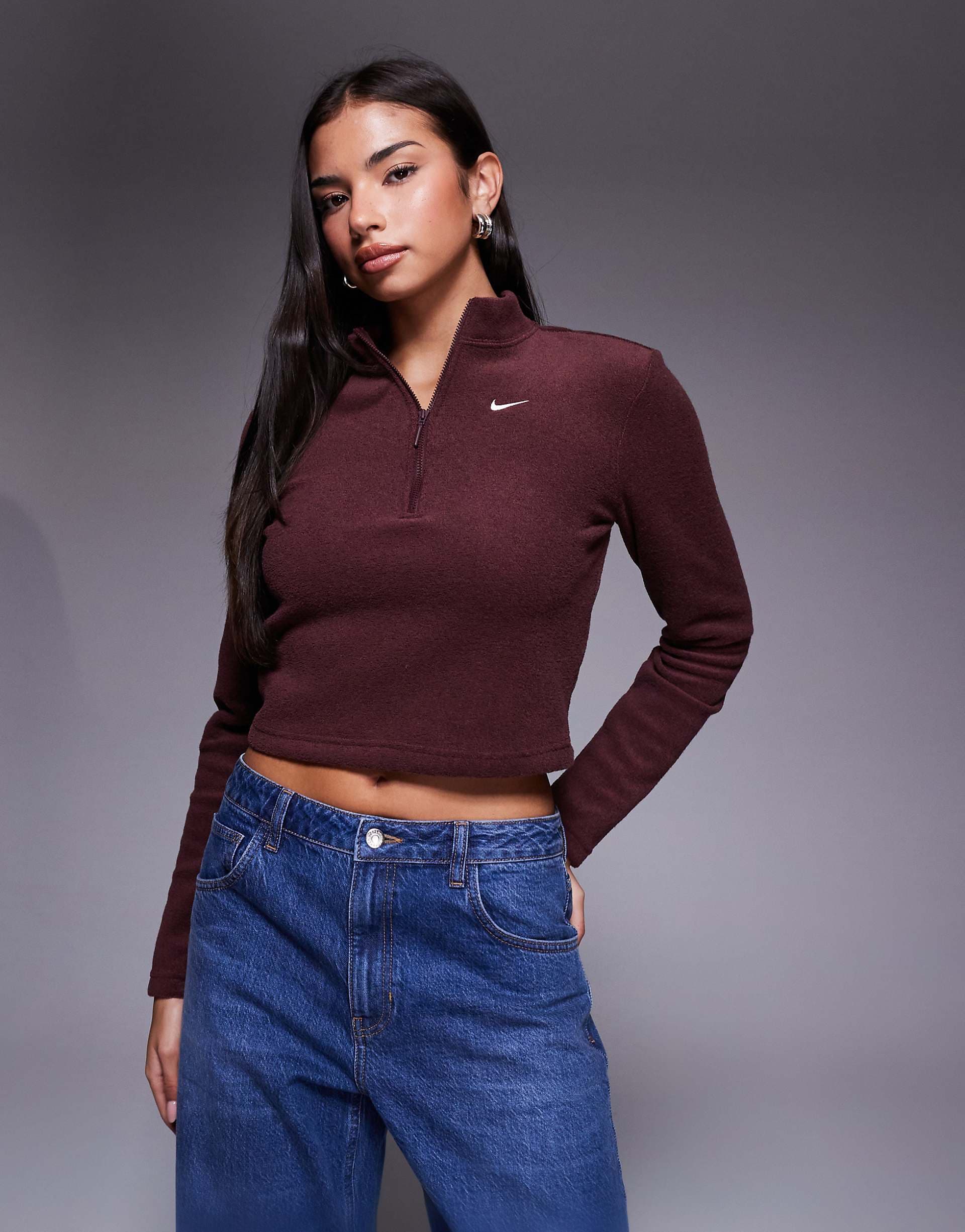 Nike Phoenix Fleece plush half zip top in burgundy