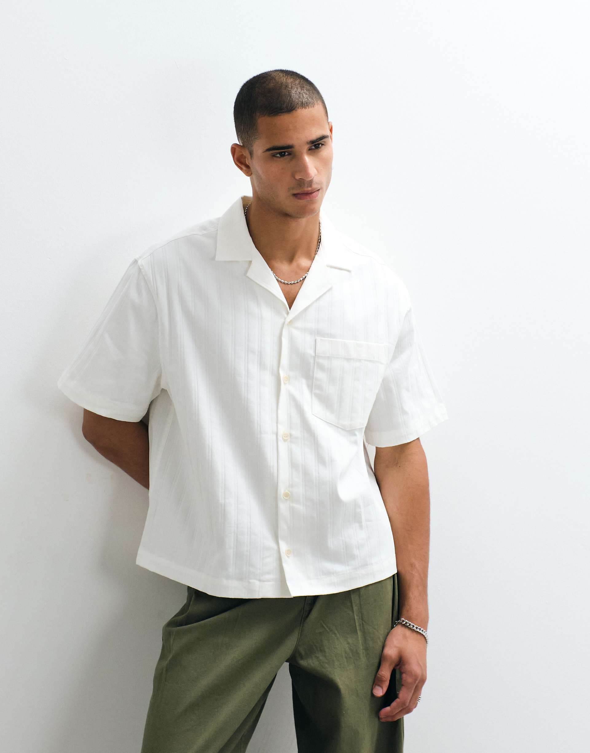 ASOS DESIGN boxy oversized camp collar poplin striped shirt in white