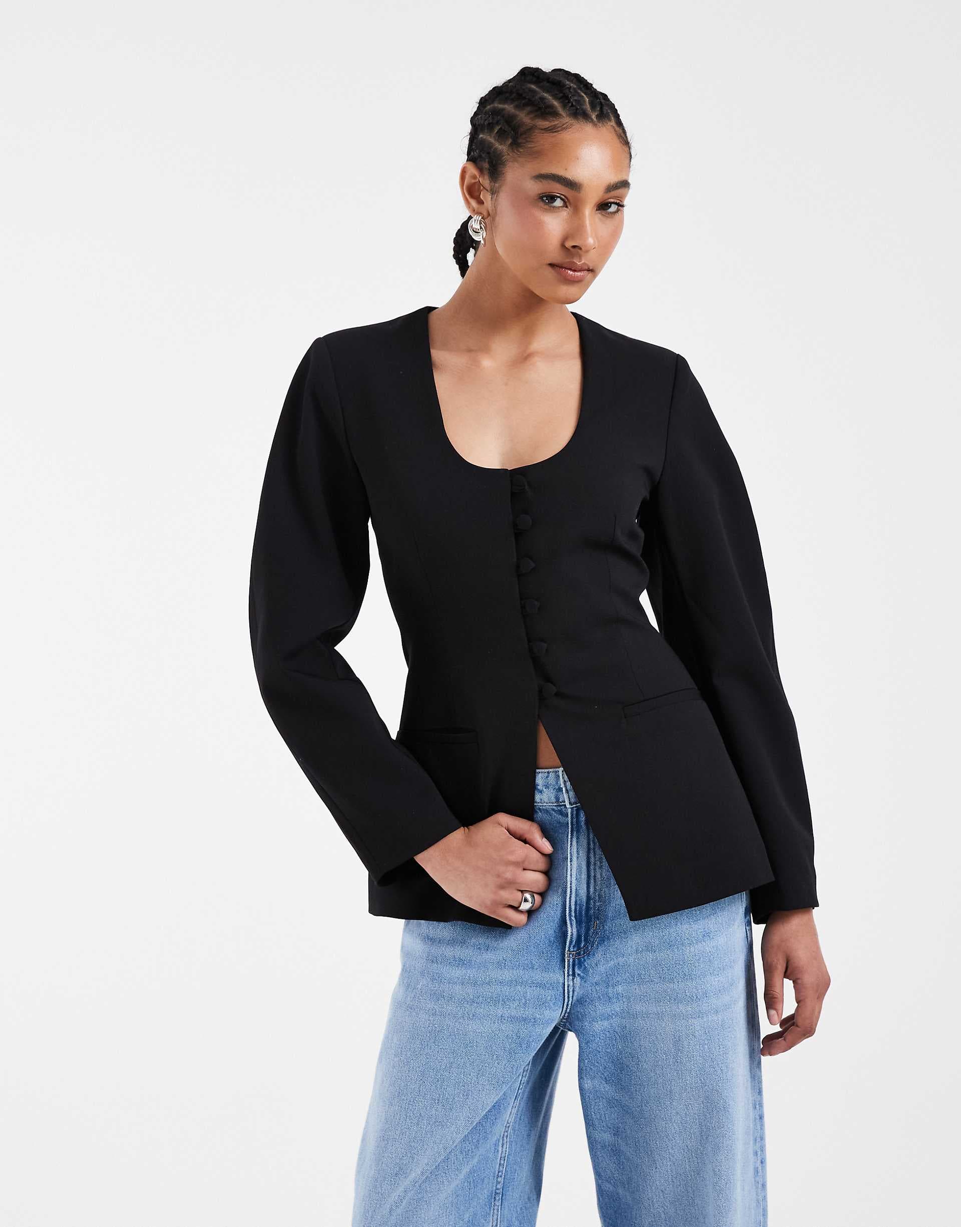 ASOS DESIGN deep scoop neckline cinch blazer in black