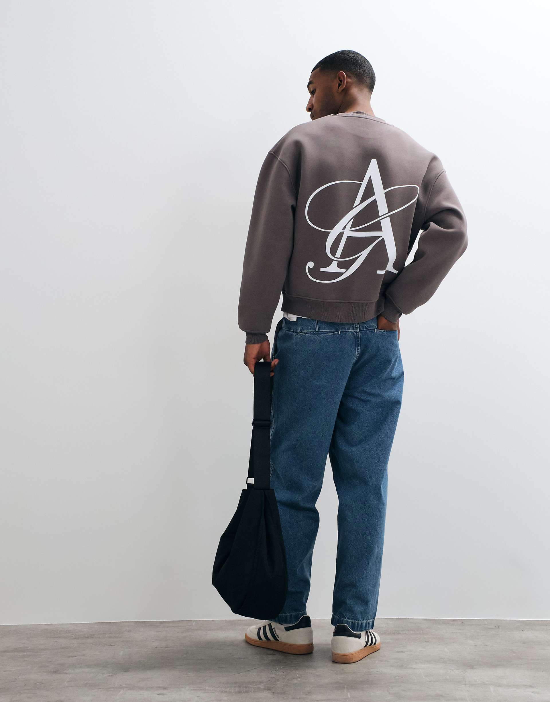 ASOS DESIGN oversized boxy pique style crew with pigment print in blue