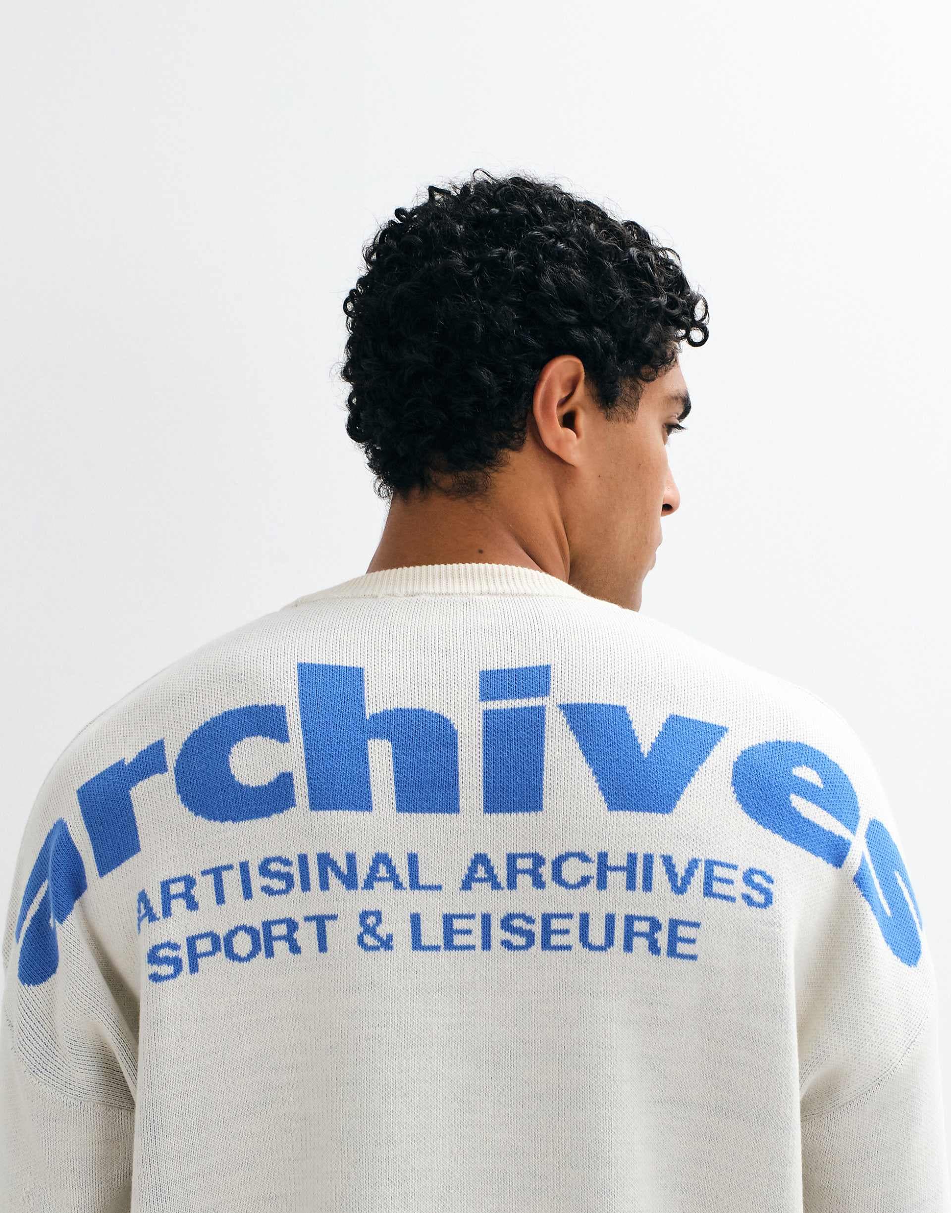 ASOS DESIGN oversized knit sweater with archives back print in ecru