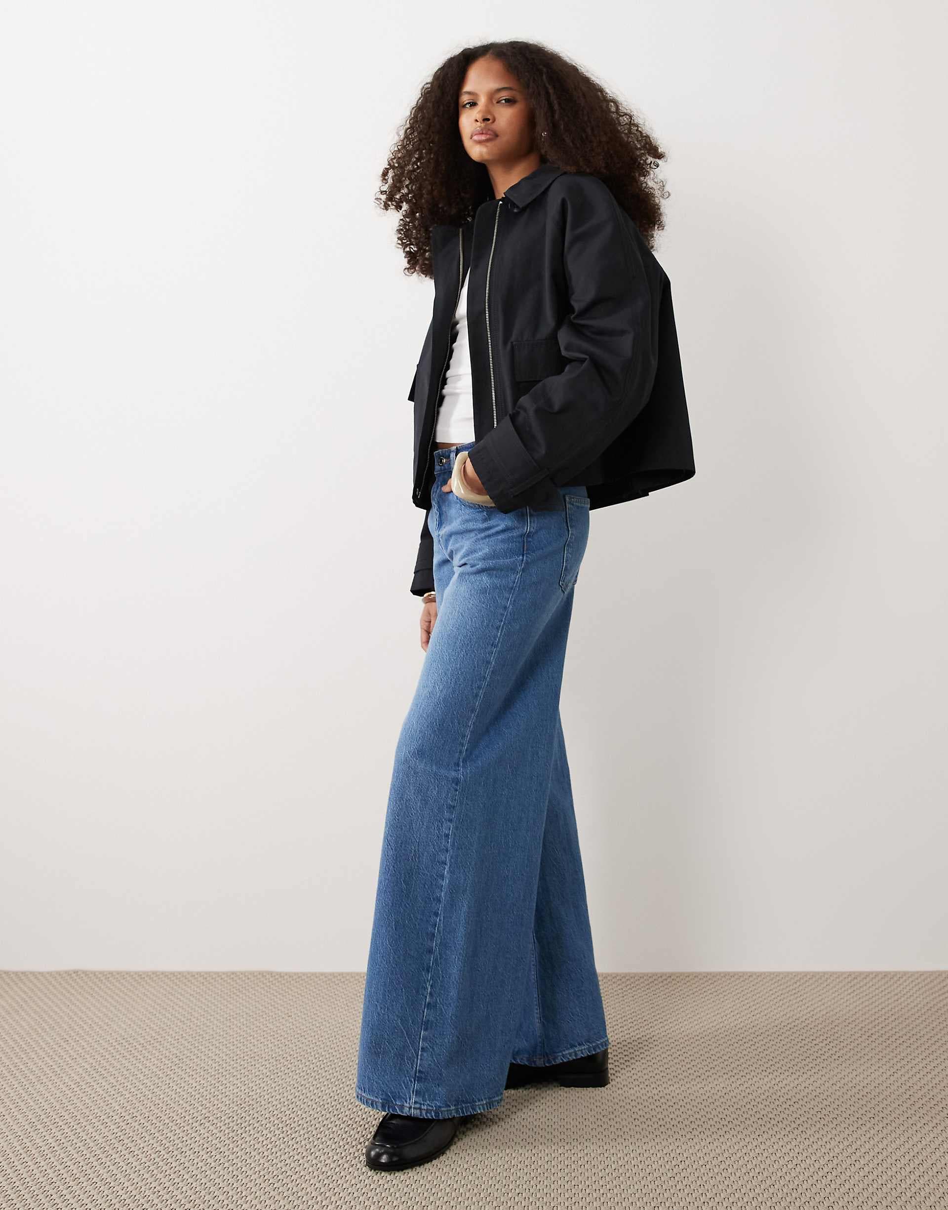 ASOS DESIGN cotton blend utility pocketed short cape back trench coat with water repellent finish in navy