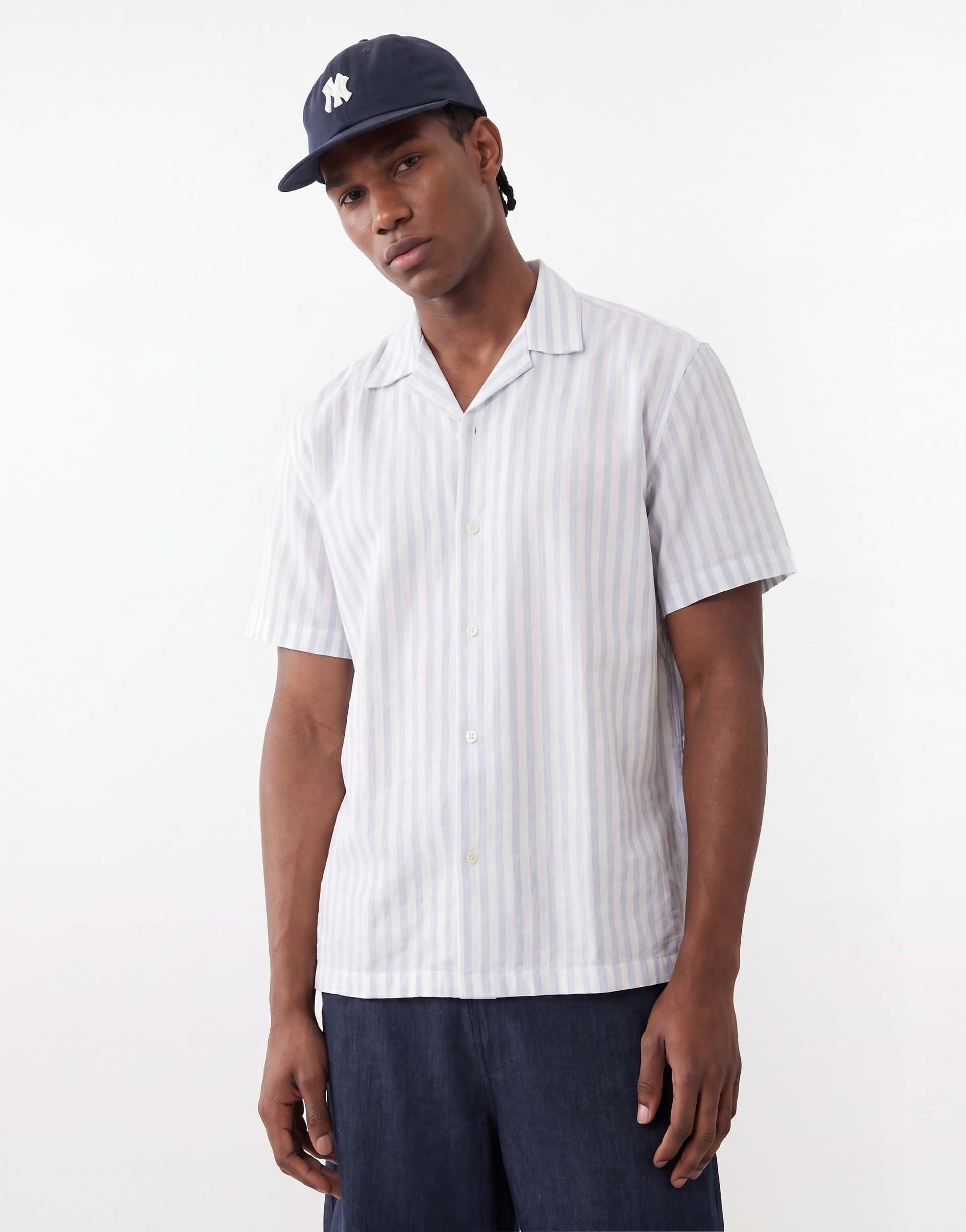 Selected linen blend short wide striped sleeve shirt in blue