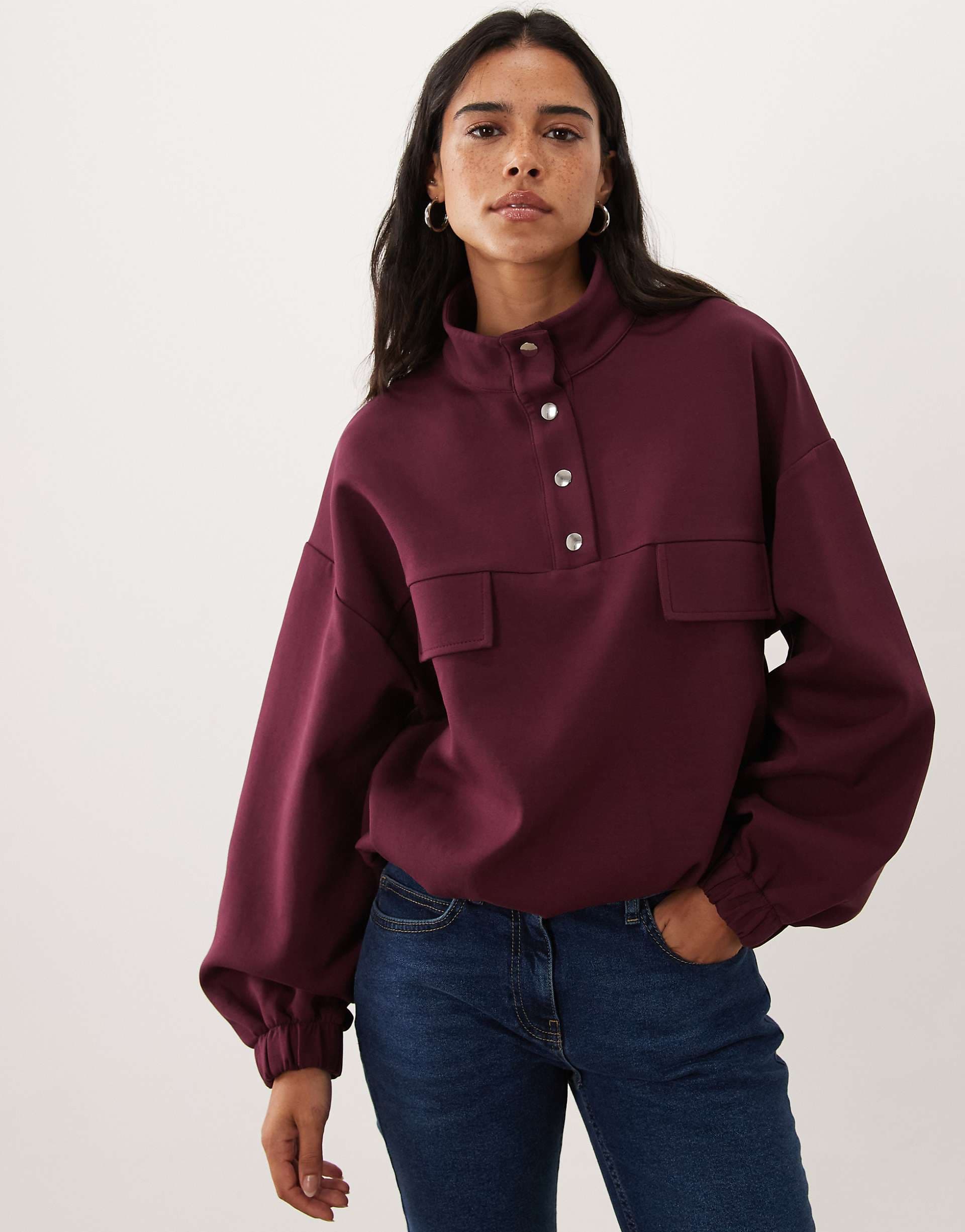 ASOS DESIGN funnel neck sweatshirt in burgundy