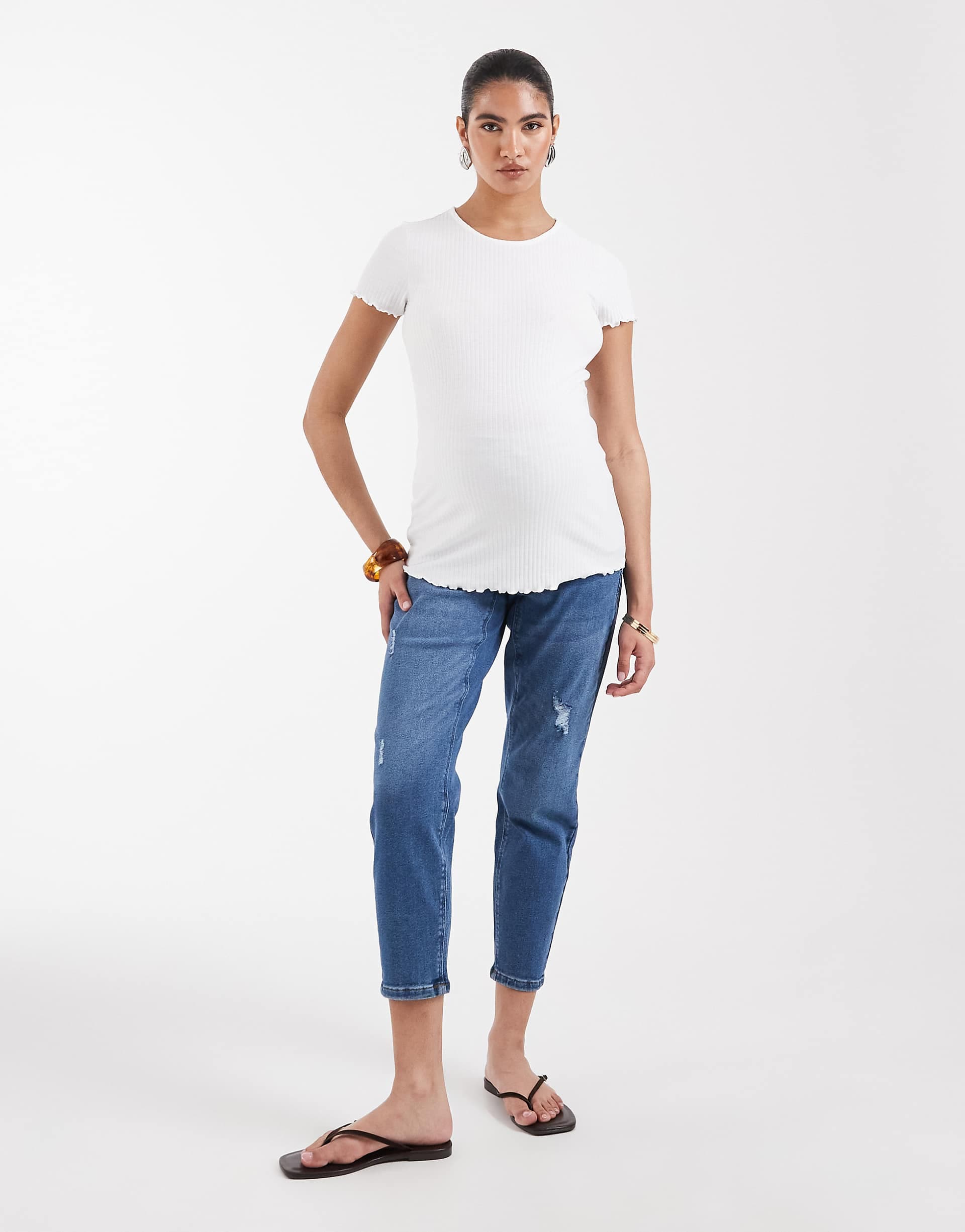 ONLY Maternity high waist ripped mom jeans in light blue