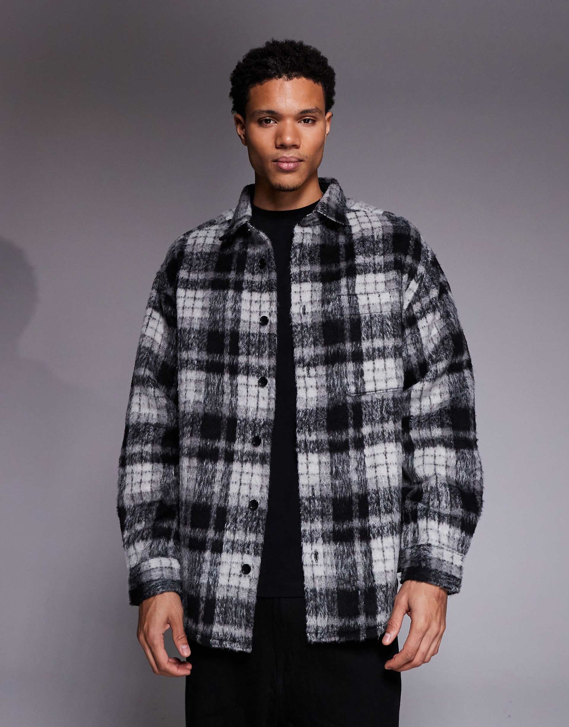 ASOS DESIGN brushed plaid overshirt in brown