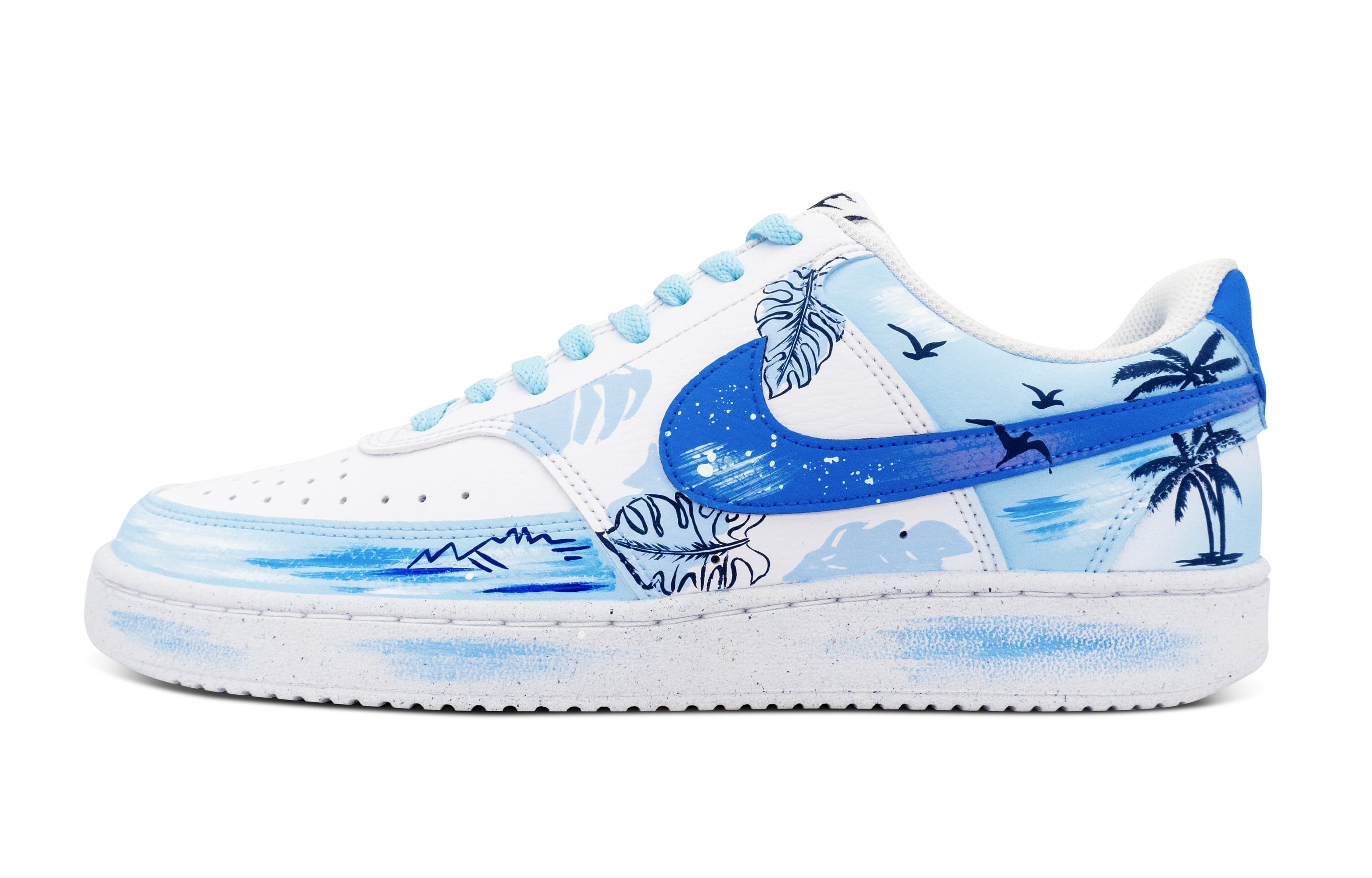 Custom Sneakers Nike Court Vision 1 'Yu Meng Blue Tune' Coconut Tree Seagull Hand-Painted Spray Paint Trendy Simple Versatile Wear-Resistant Low-Top Skate Shoes Unisex Royal Blue